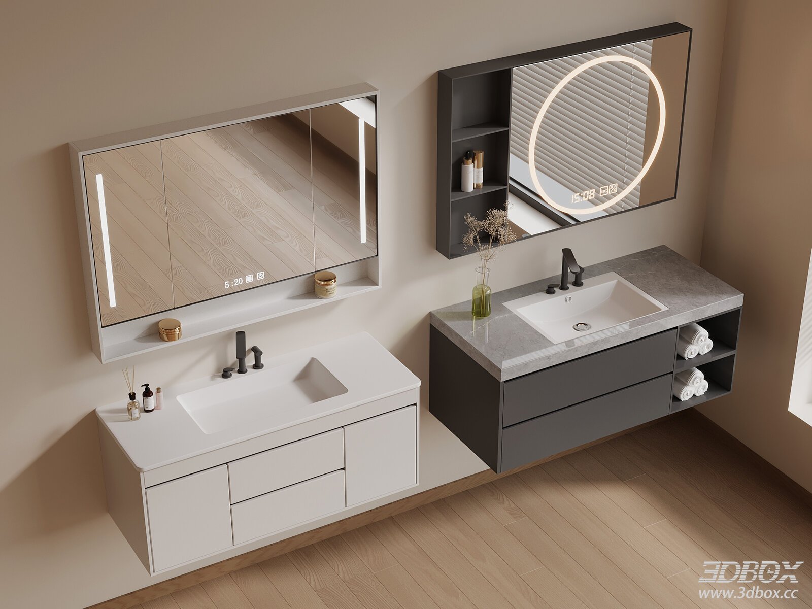 Modern Minimalist Bathroom Vanity Set with LED Mirror 3D model - front view