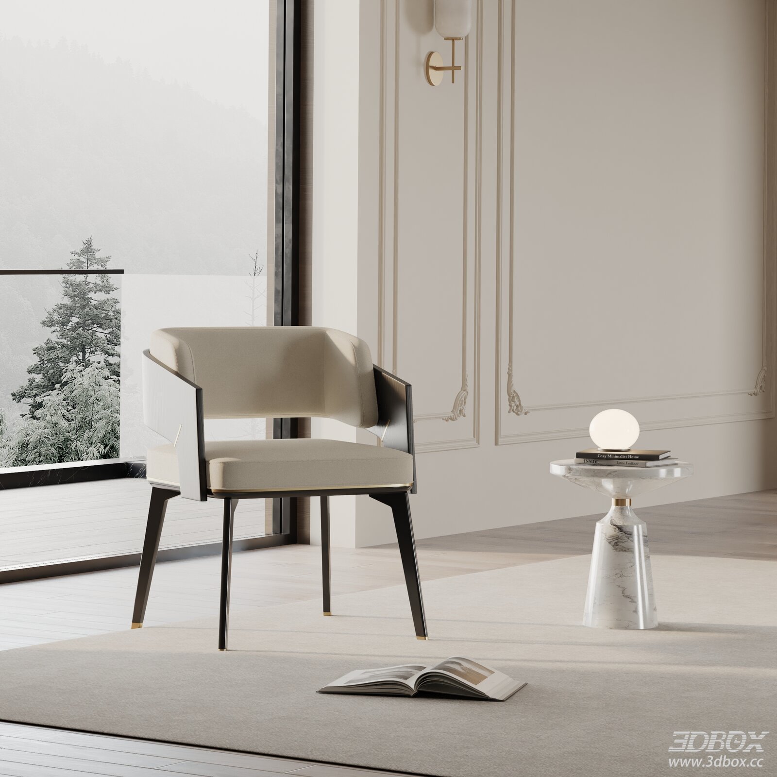 Modern Upholstered Dining Chair with Wooden Frame 3D model - front view