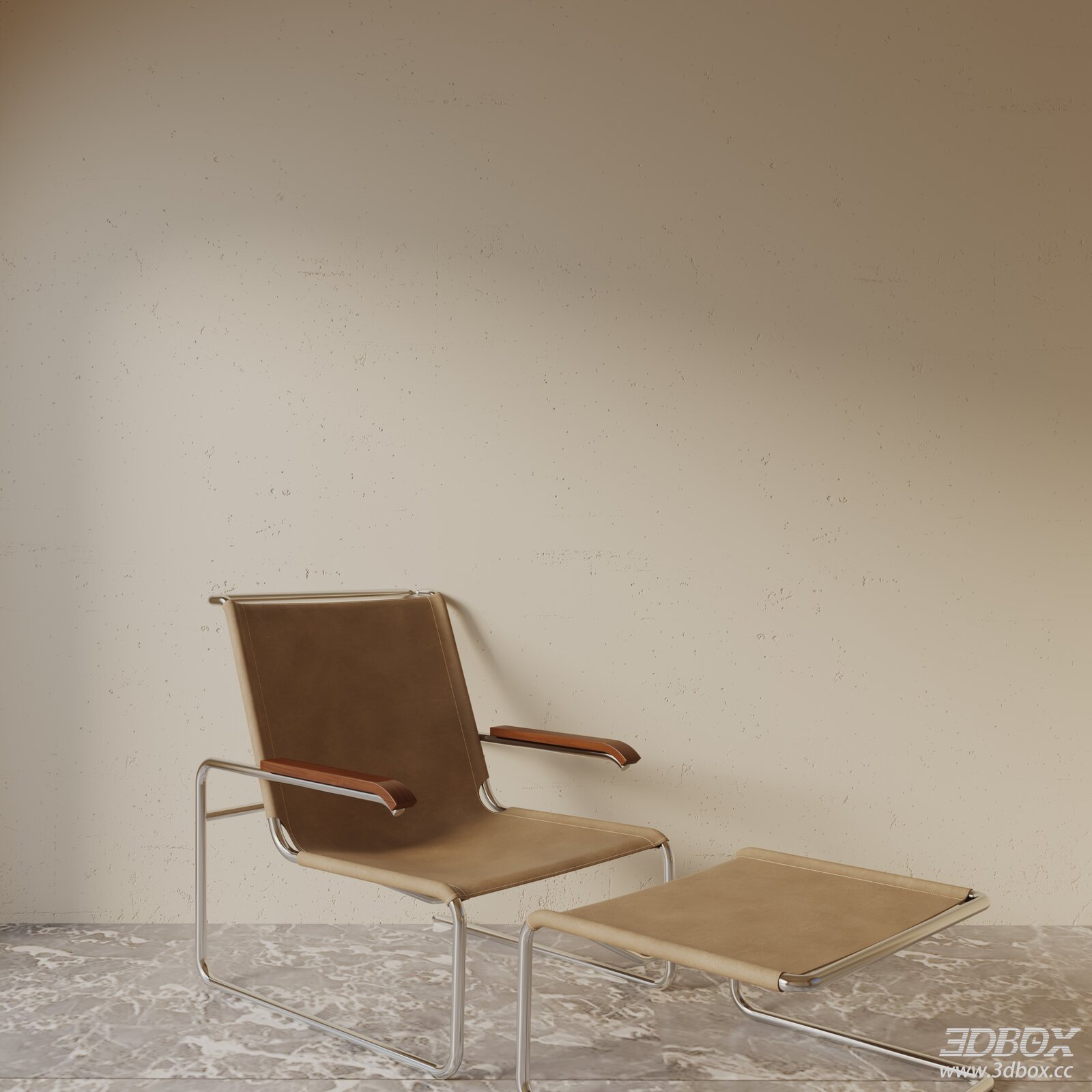 Modern Leather Lounge Armchair with Ottoman 3D model - front view