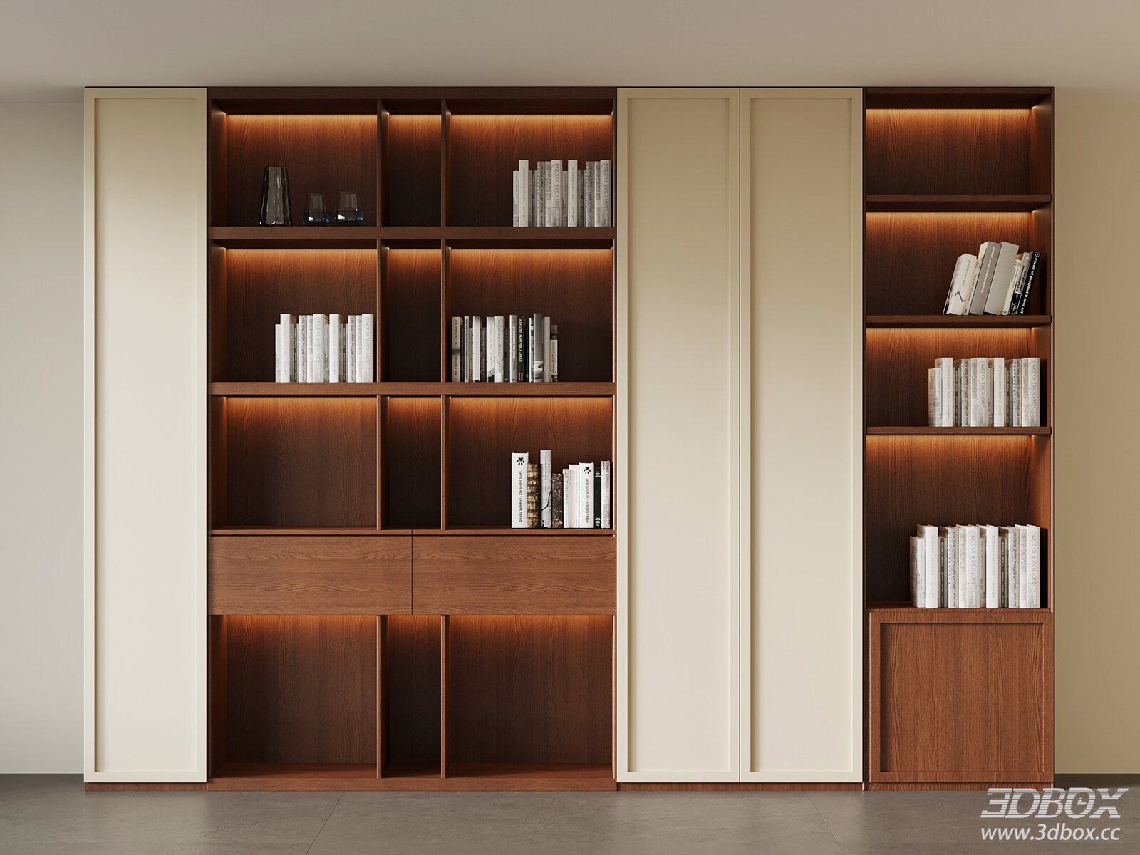 Modern Walnut Wood Display Bookshelf with Built-in Lighting 3D model - front view