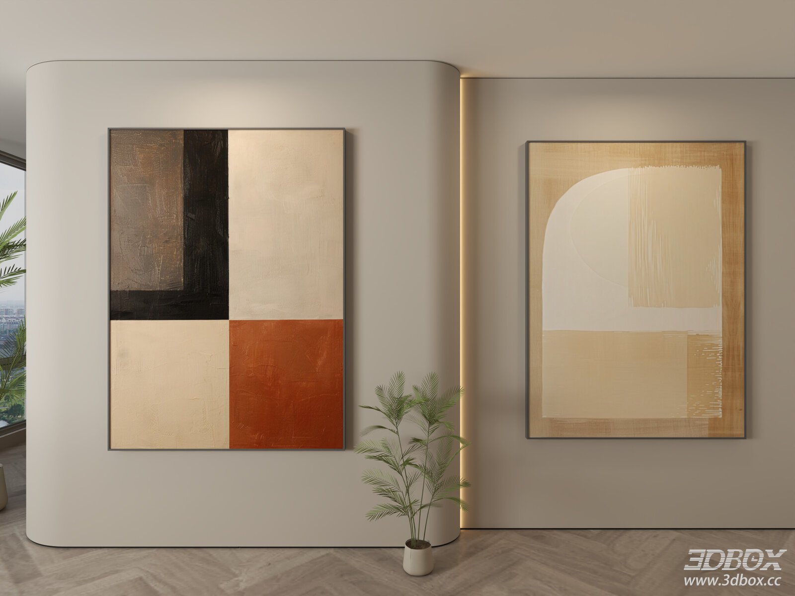 Modern Abstract Framed Wall Art Set Neutral Tone Textured Painting 3D model - front view