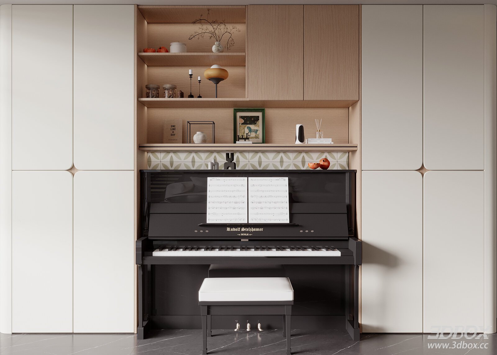 Modern Upright Piano with Built-in Cabinet Interior 3D model - front view