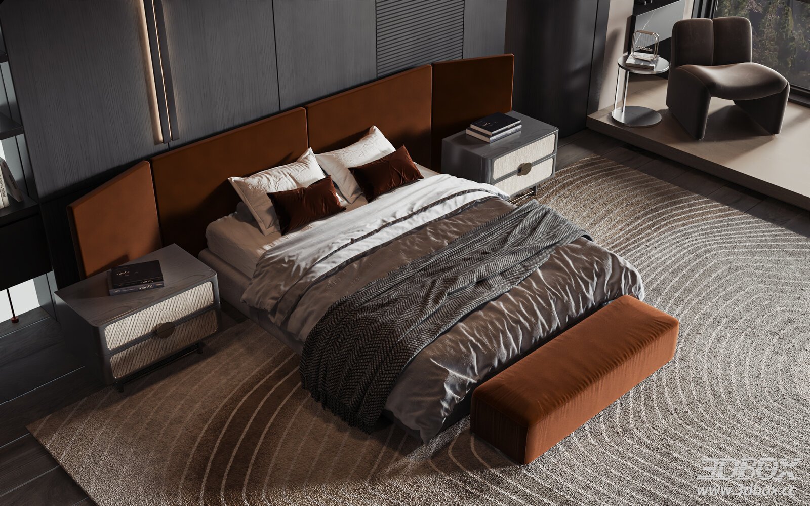 Modern Luxury Double Bedroom Interior Scene 3D model - thumbnail 1
