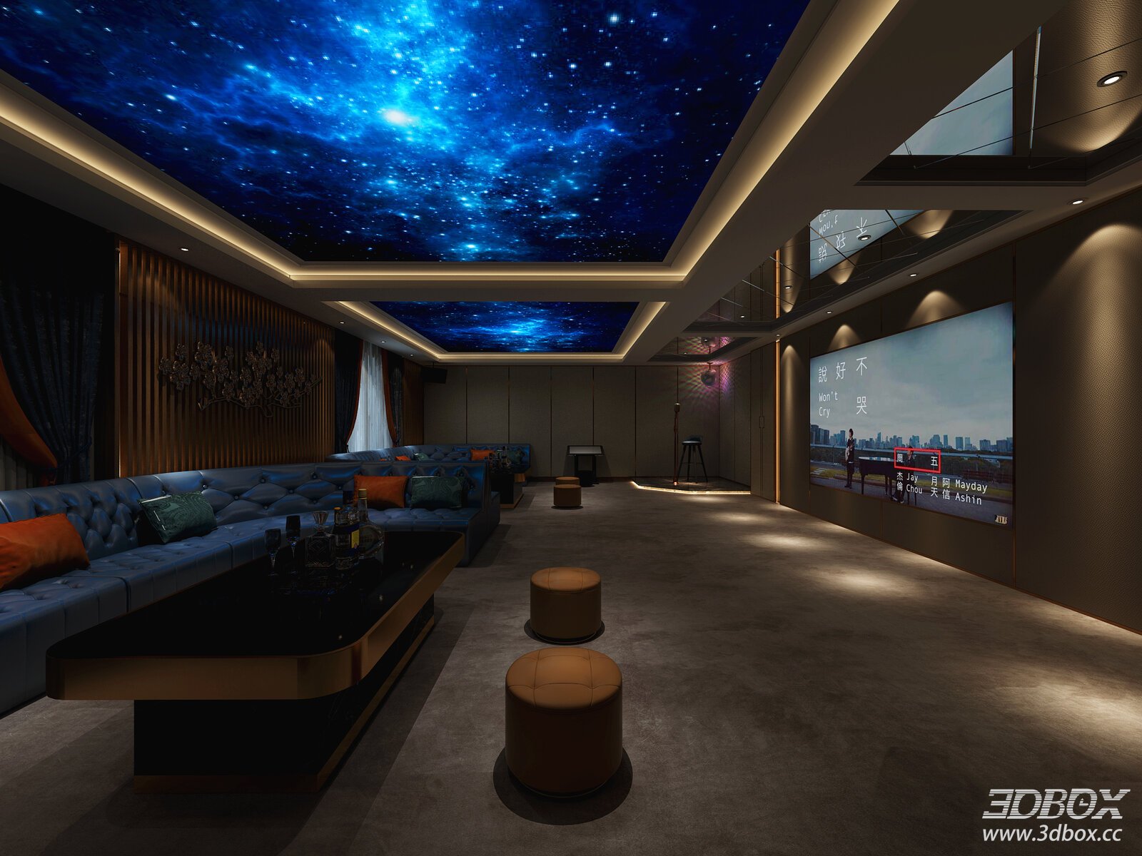 Luxury Home Cinema KTV Room With Starry Sky Ceiling 3D model - front view