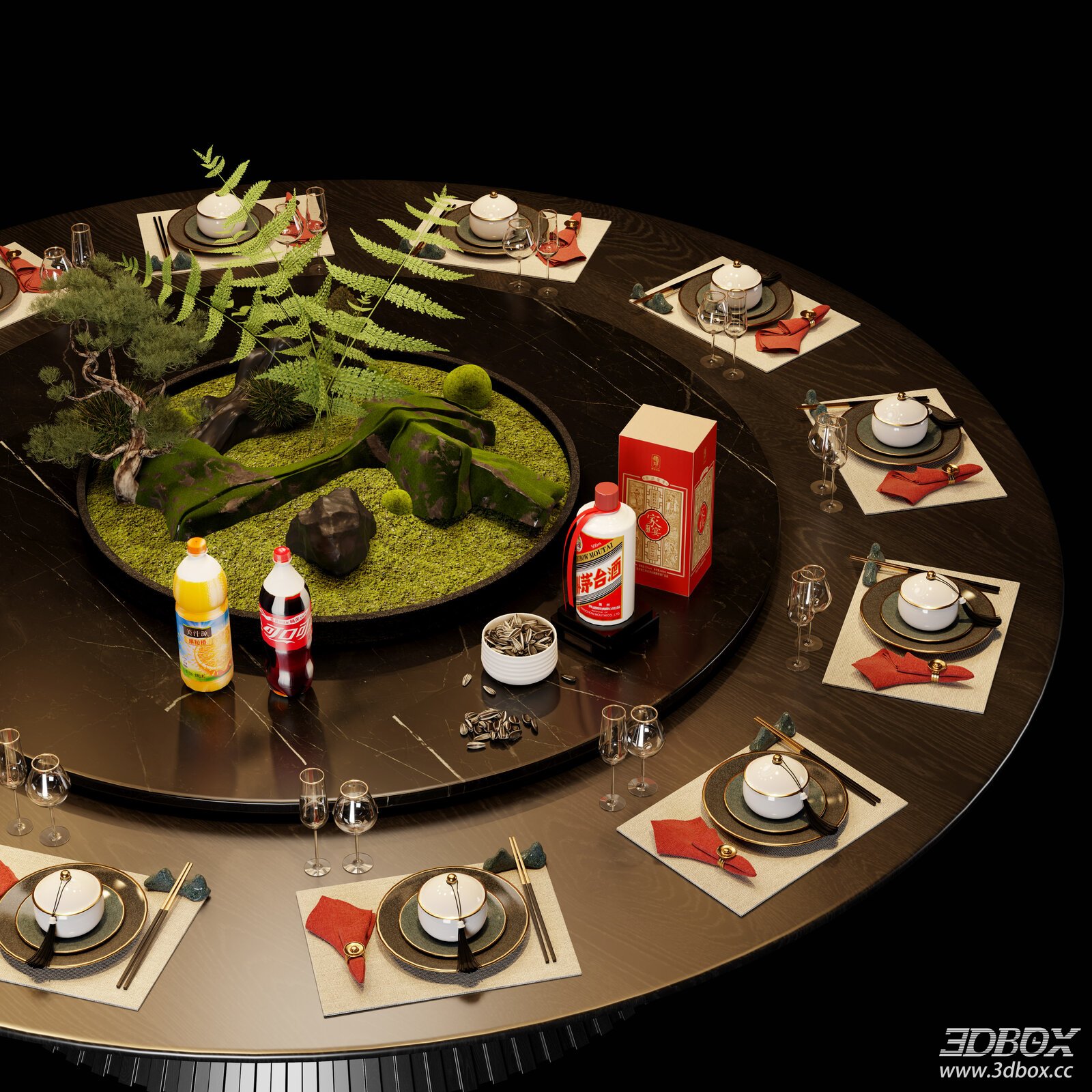 New Chinese Style Round Dining Table Tableware Set 3D model - front view