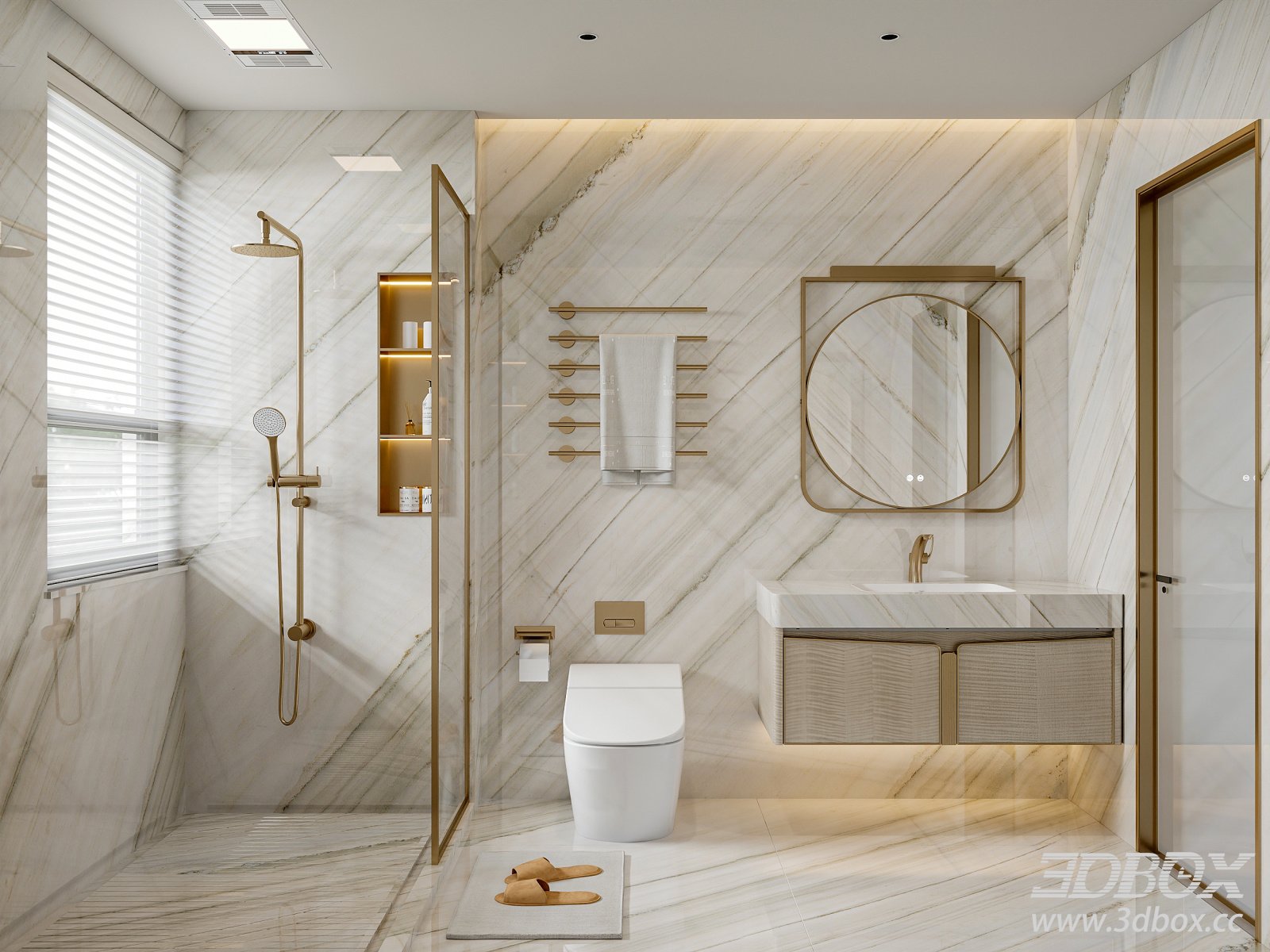 Luxury Modern Marble Bathroom Scene 3D model - thumbnail 1