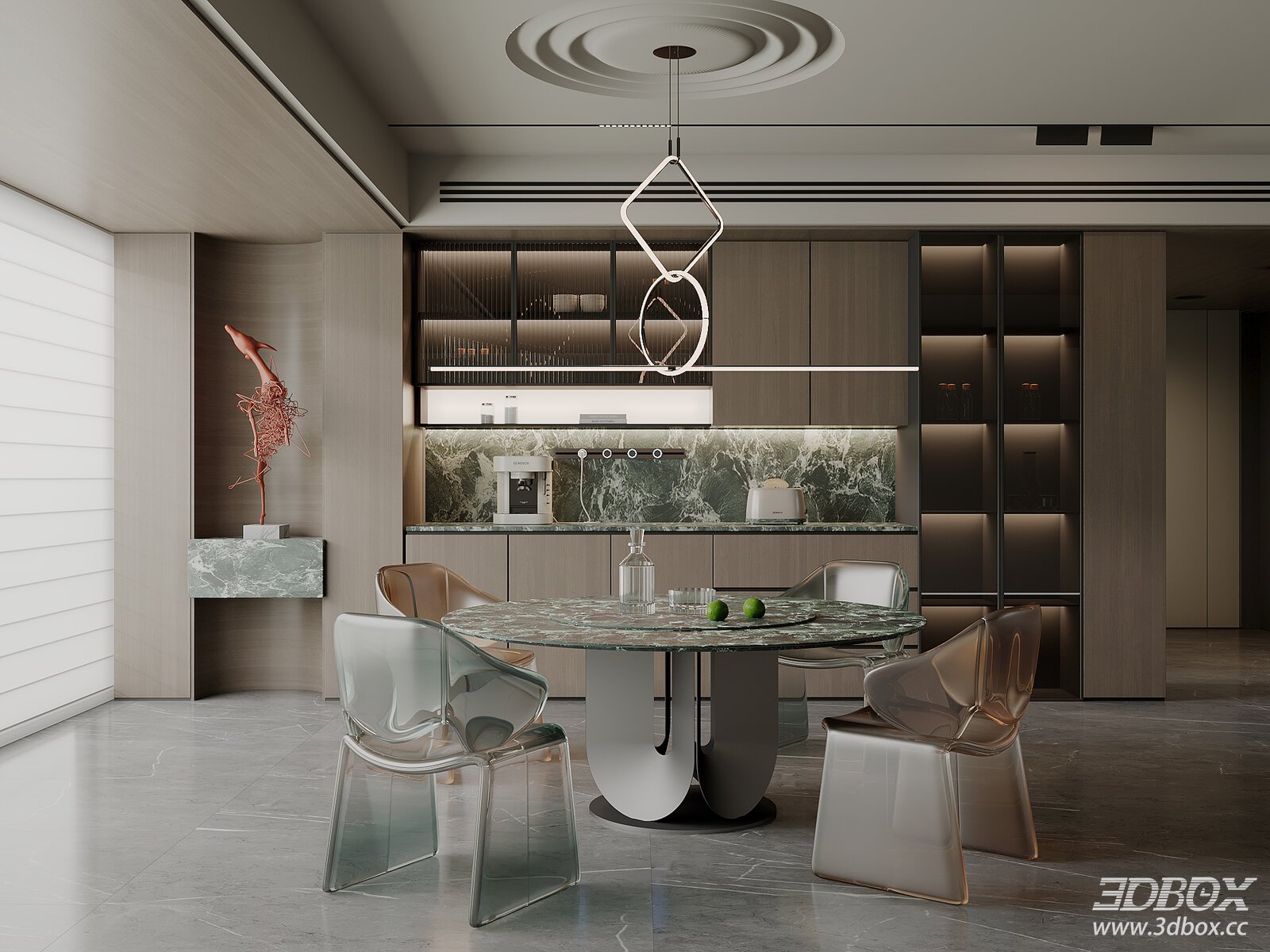 Modern Italian Style Dining Room with Round Marble Dining Table 3D model - front view
