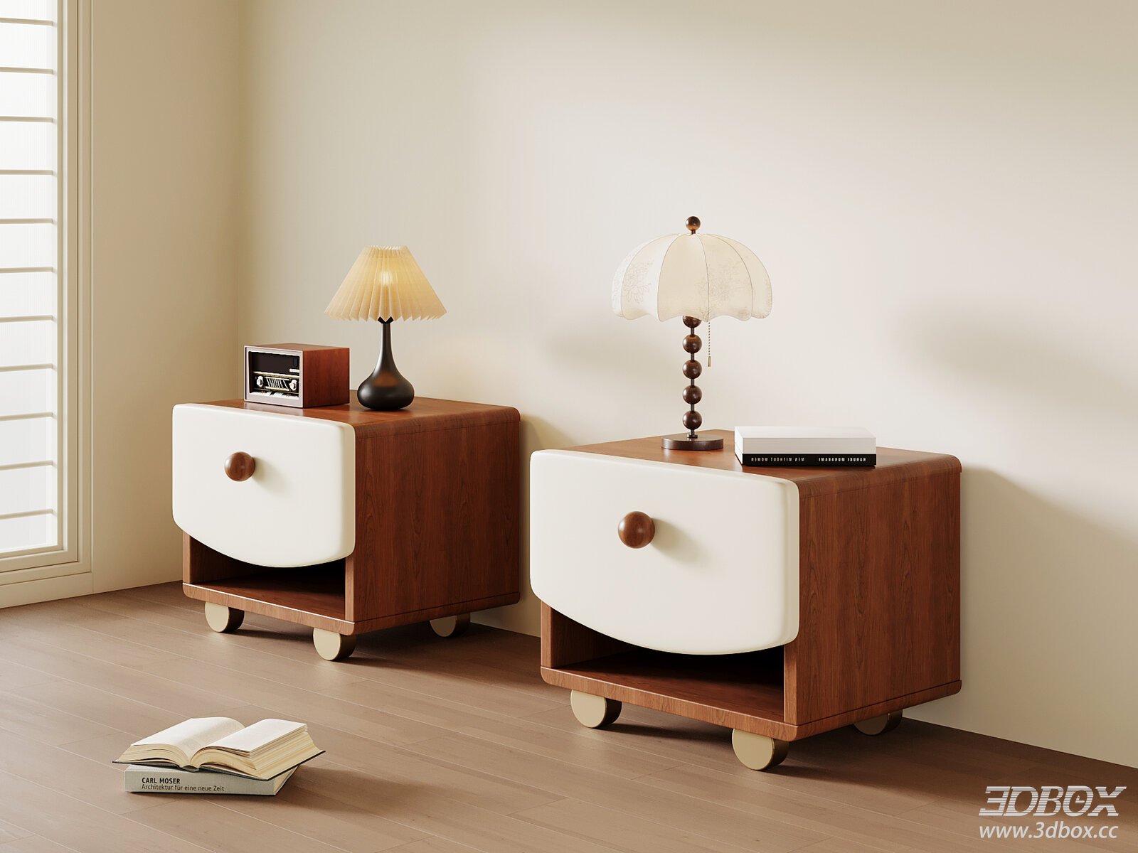 Vintage Wooden Nightstand Set with Leather Panel 3D model - front view