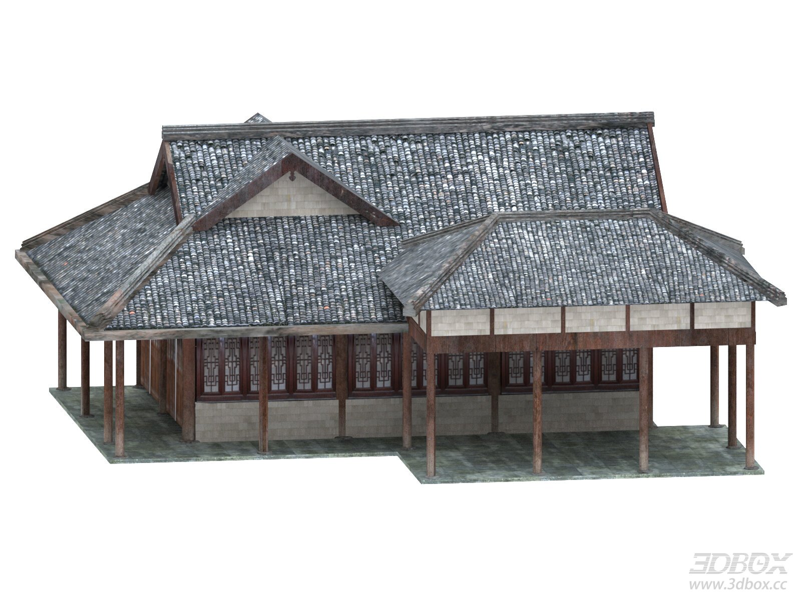 Traditional Chinese Ancient Wooden House With Tiled Roof 3D model - front view