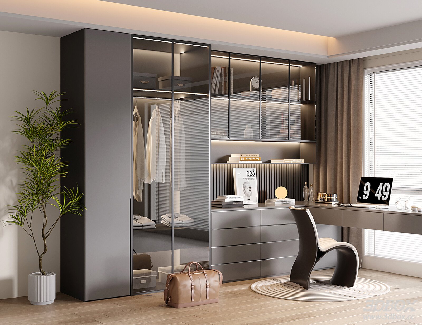 Modern Integrated Wardrobe Bookshelf Desk Work Room 3D model - front view