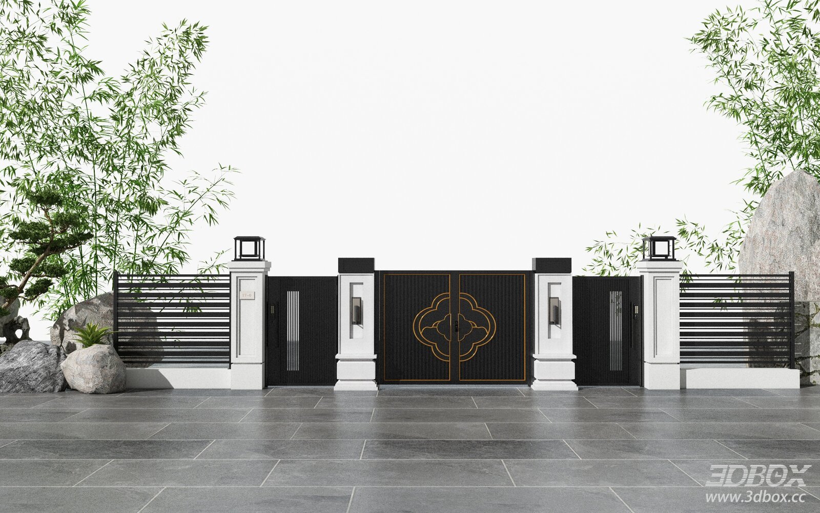 Neoclassical Modern Courtyard Gate and Fence Set 3D model - front view