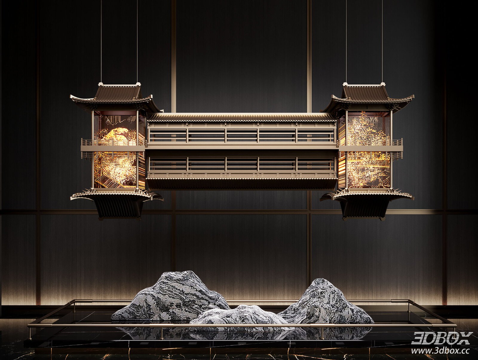 New Chinese Style Art Chandelier with Stone Mountain Decoration 3D model - front view