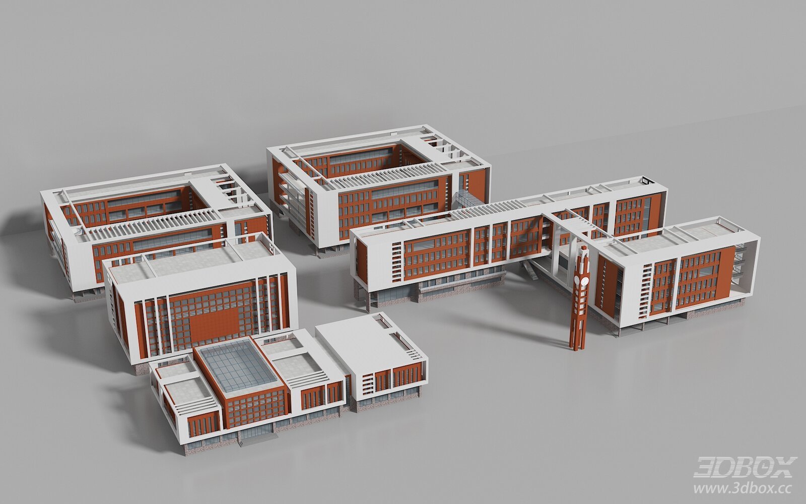 Modern School Campus Building Complex Exterior Model 3D model - front view