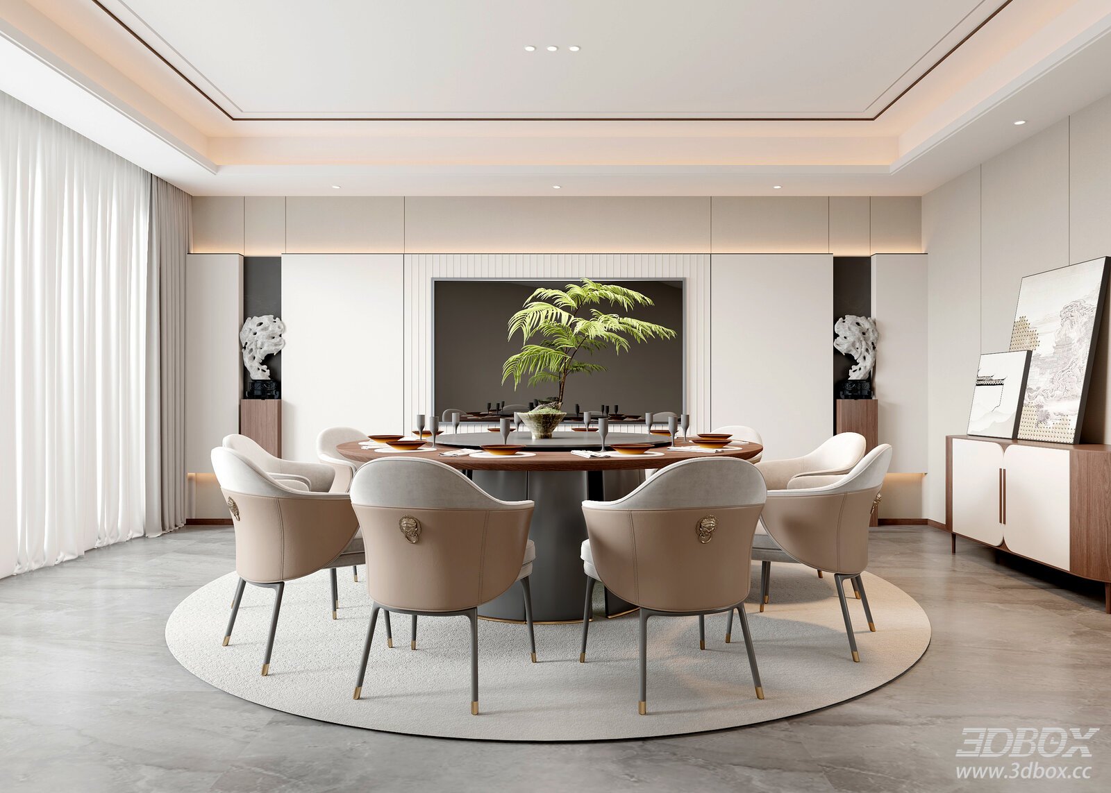 Modern New Chinese Style Private Dining Room Scene 3D model - front view