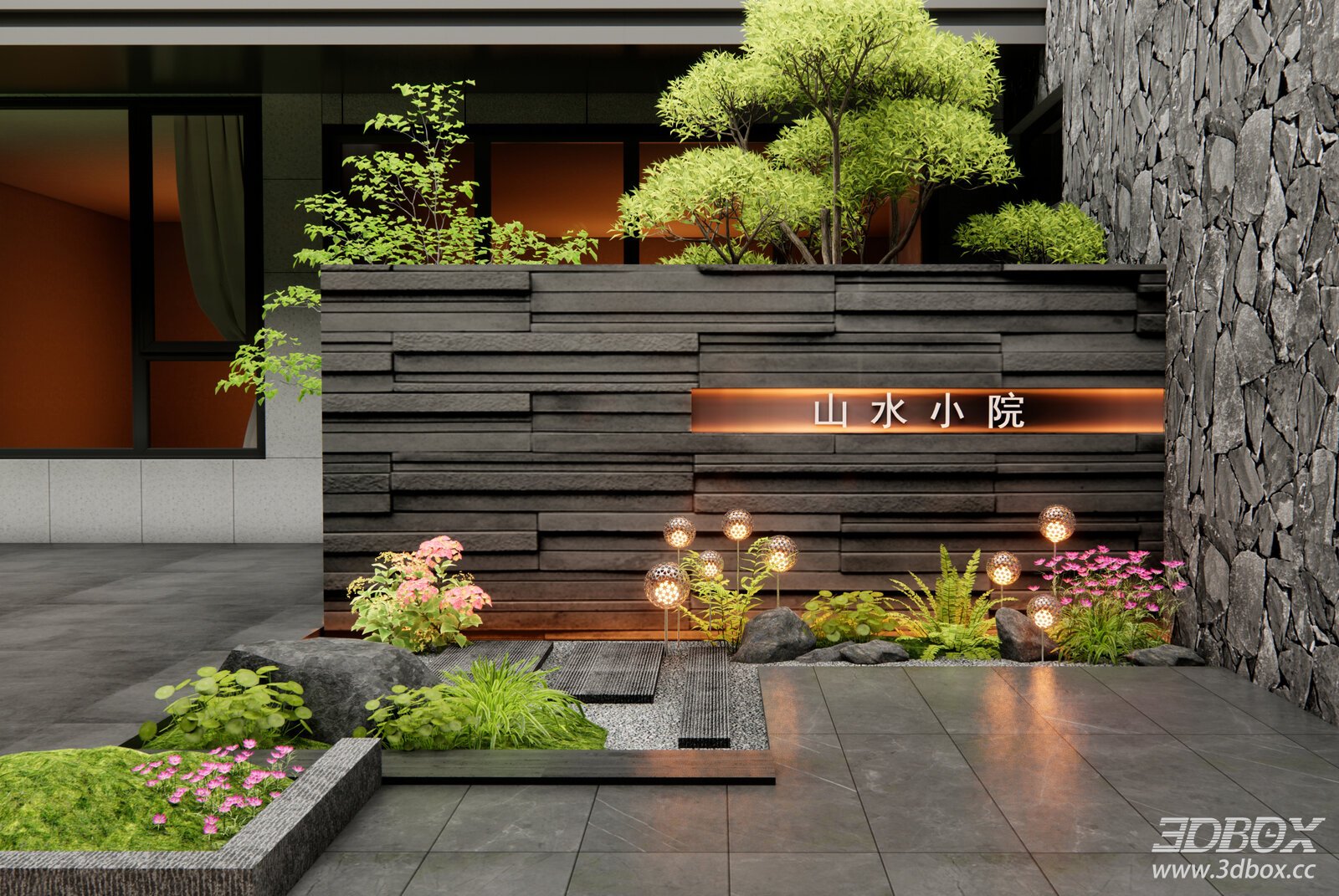 Modern Courtyard Landscape Wall with Green Plants and Stone 3D model - front view