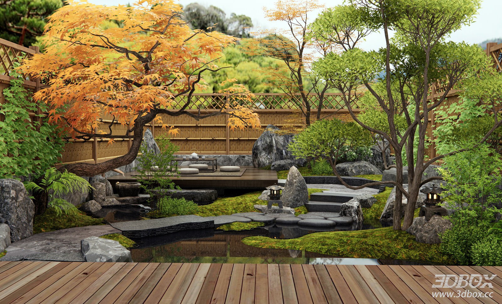 New Chinese Style Zen Courtyard Garden Landscape 3D model - front view