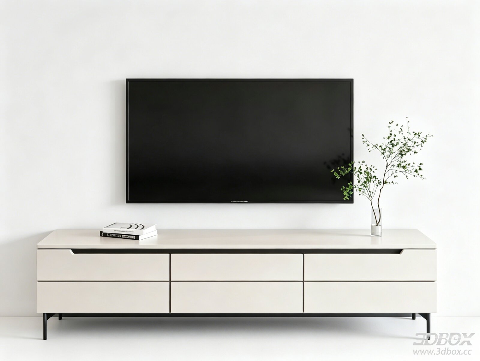 Modern Minimalist White TV Stand with Wall Mounted Television 3D model - front view