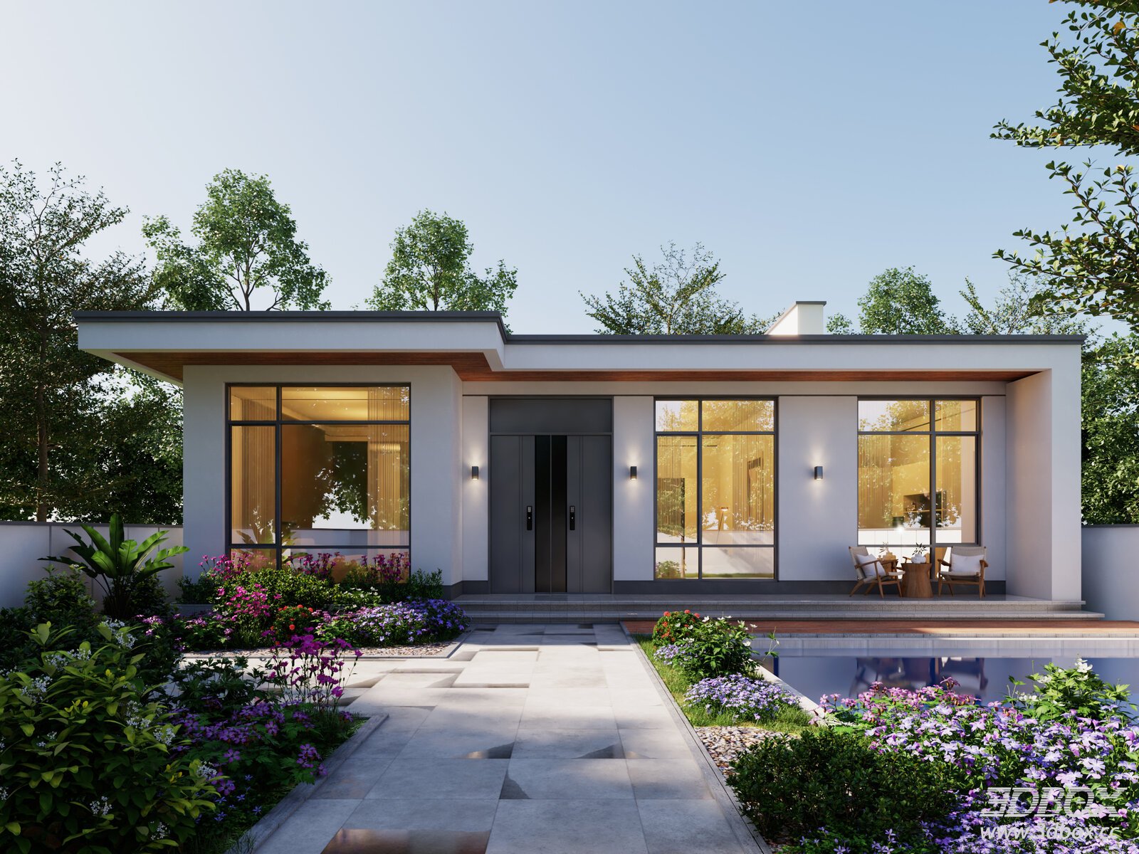 Modern Single Story Villa Exterior With Garden And Pool 3D model - front view