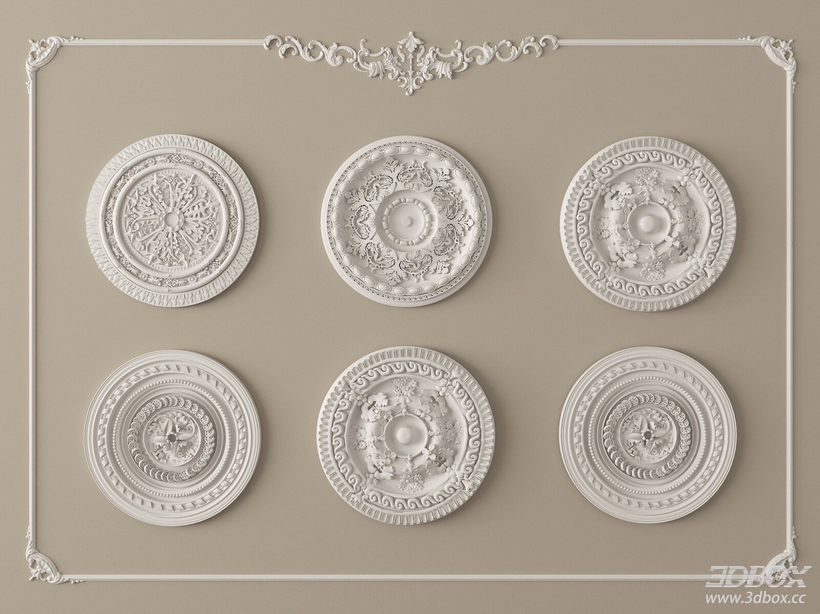 French Style Ornate Plaster Ceiling Medallion Set 3D model - front view