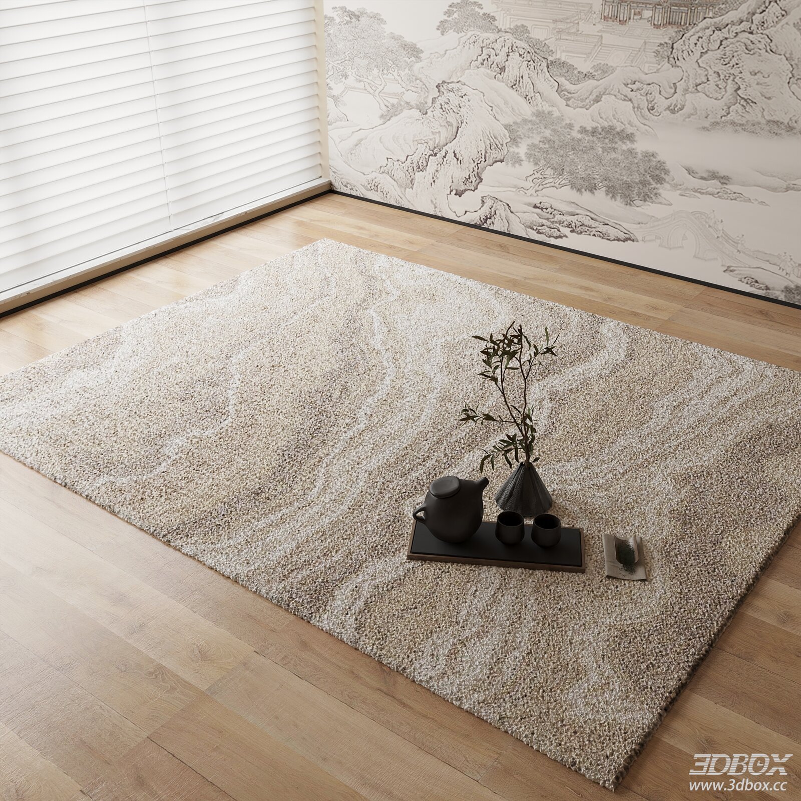 New Chinese Style Beige Plush Carpet 3D model - front view