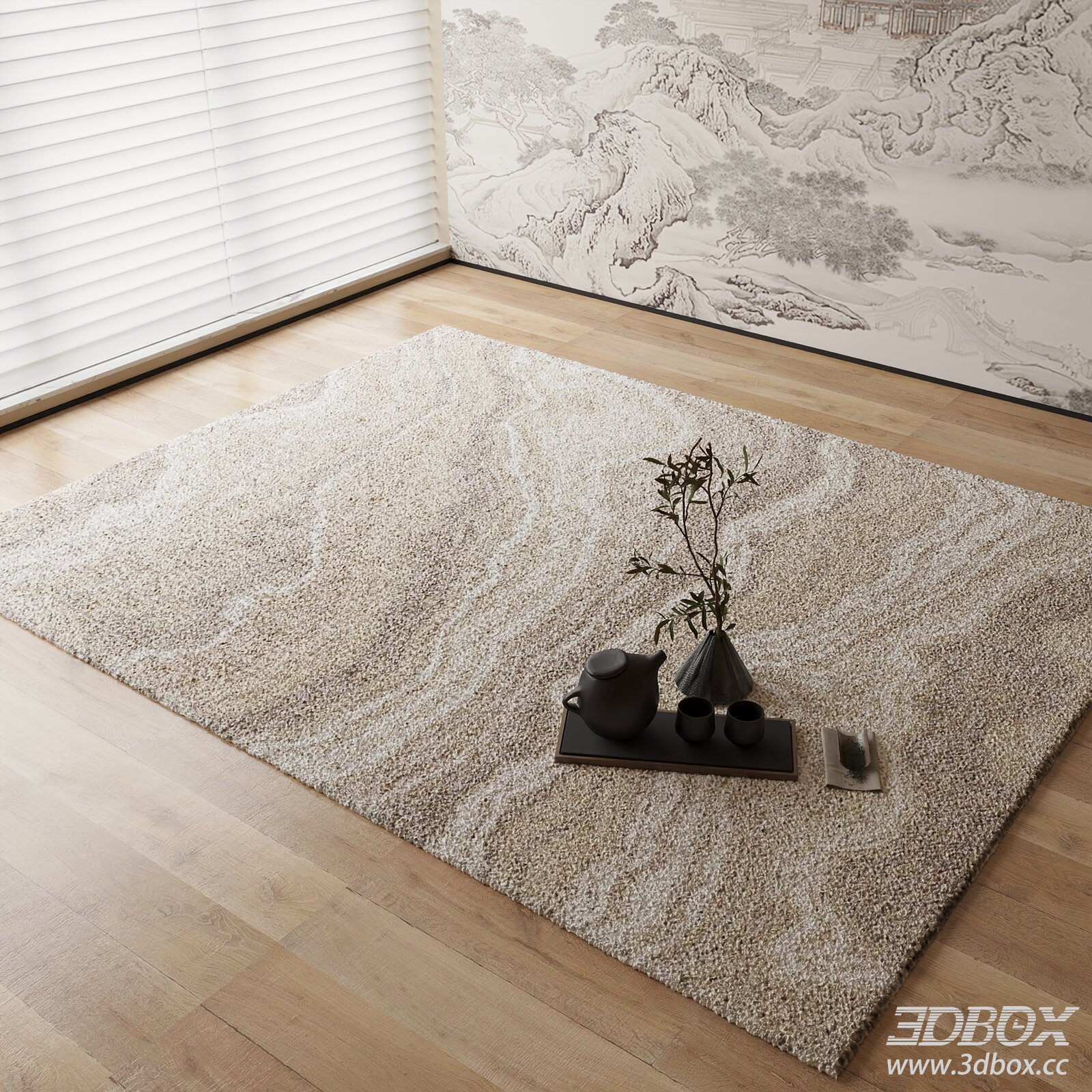 New Chinese Style Beige Plush Carpet 3D model - thumbnail 1