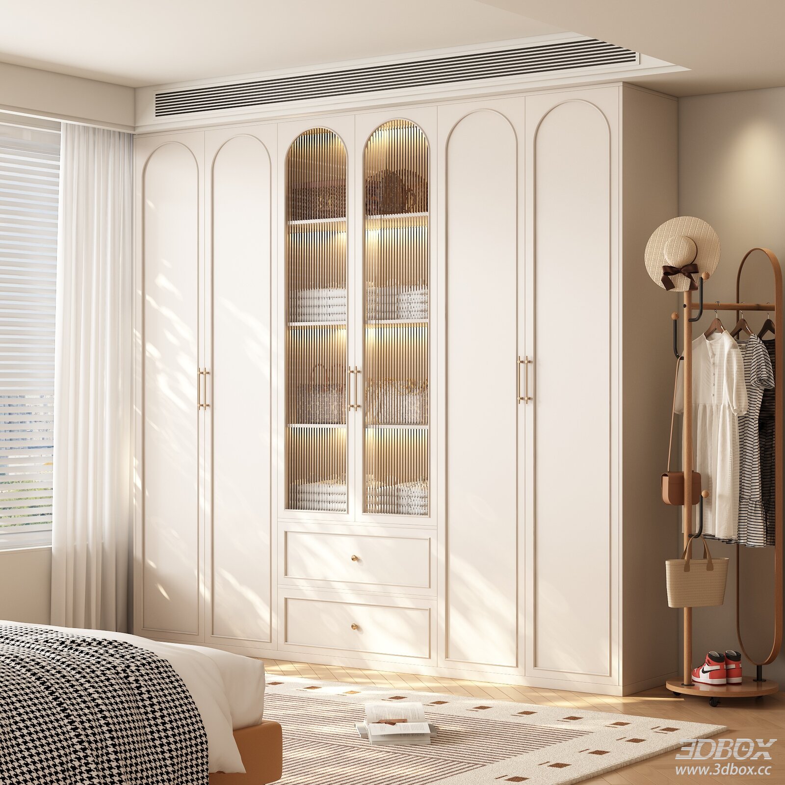 Modern Cream Style Built-in Wardrobe for Bedroom 3D model - front view