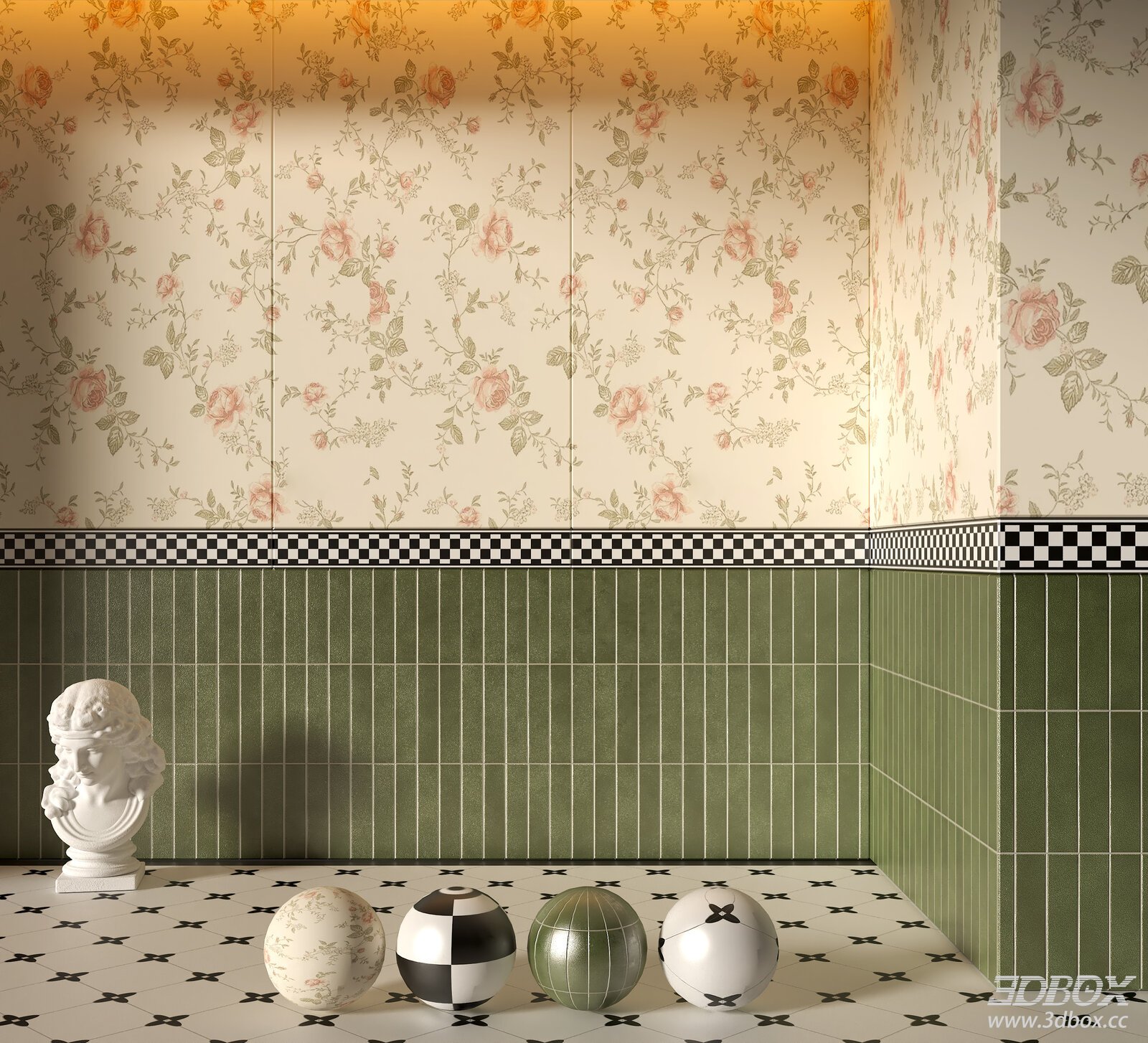 Vintage Style Bathroom Corner With Floral Wallpaper Green Tiles 3D model - front view