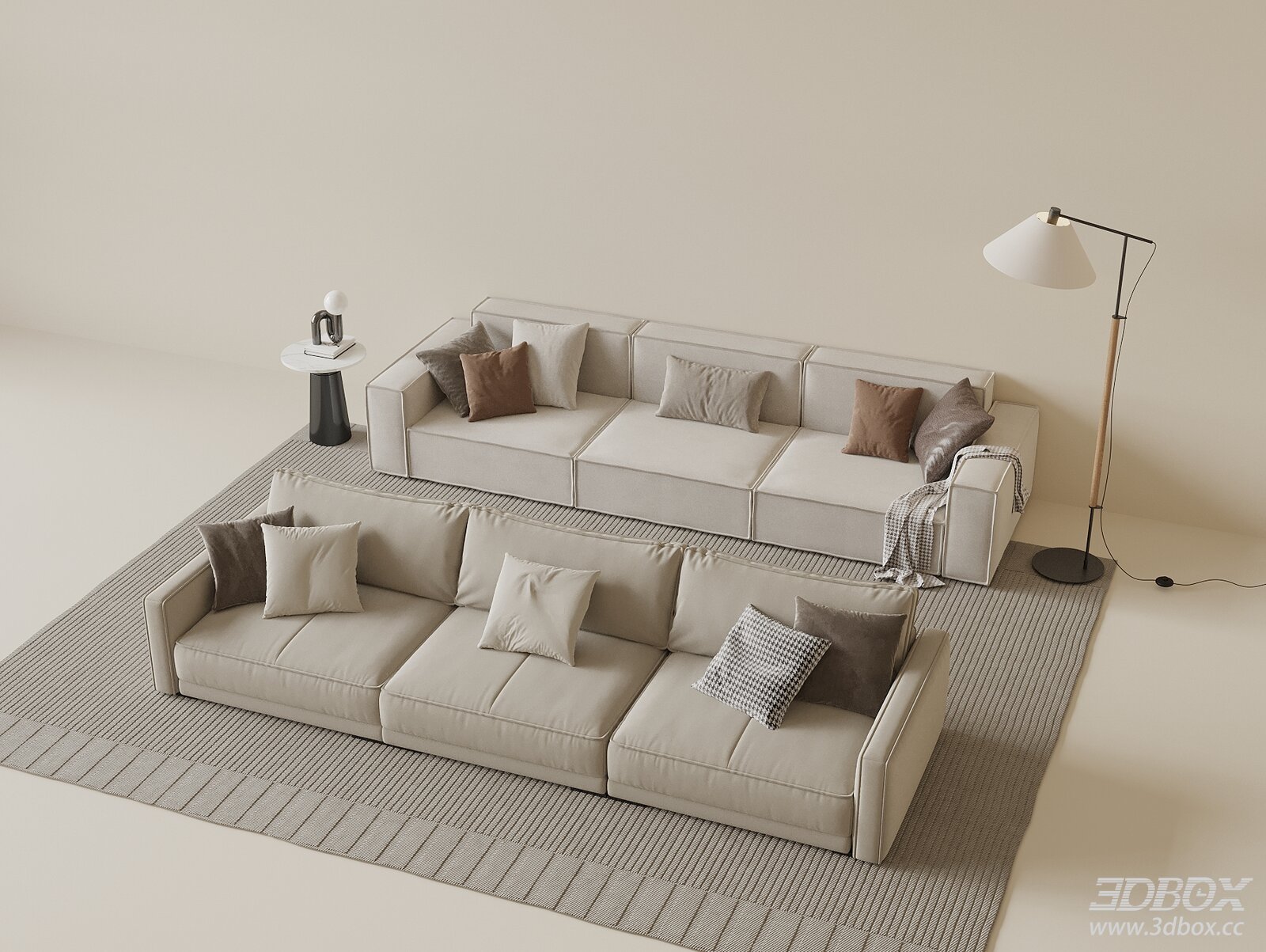 Modern Minimalist Beige Fabric Sofa Set 3D model - front view