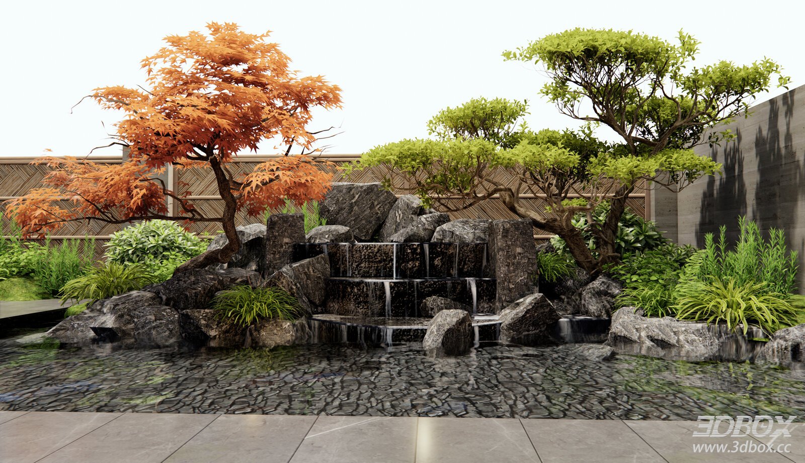 New Chinese Style Courtyard Rockery Waterfall Landscape 3D model - front view