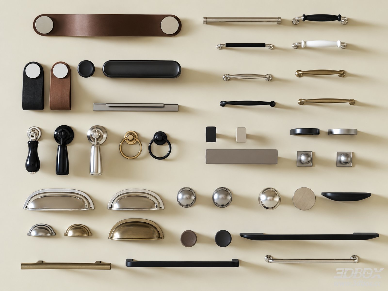 Modern Mid Century Door and Cabinet Handle Set 3D model - front view