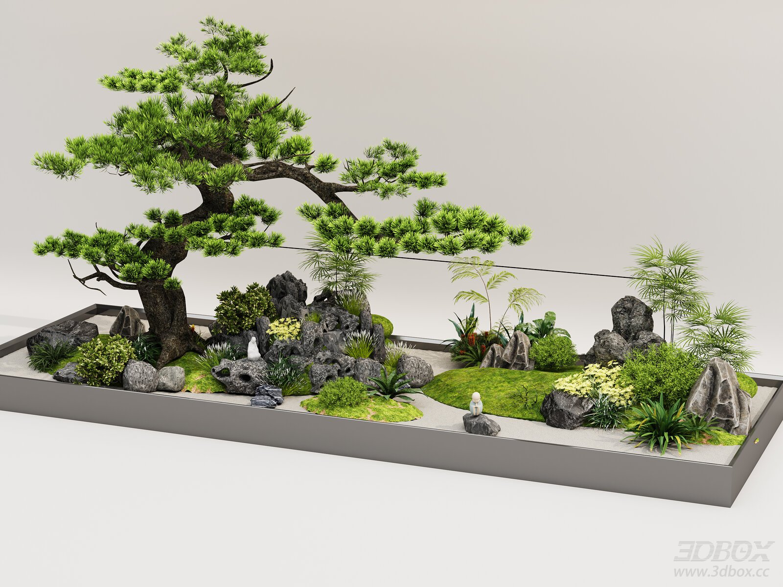 Indoor Zen Garden Landscape with Pine Tree and Rockery 3D model - front view