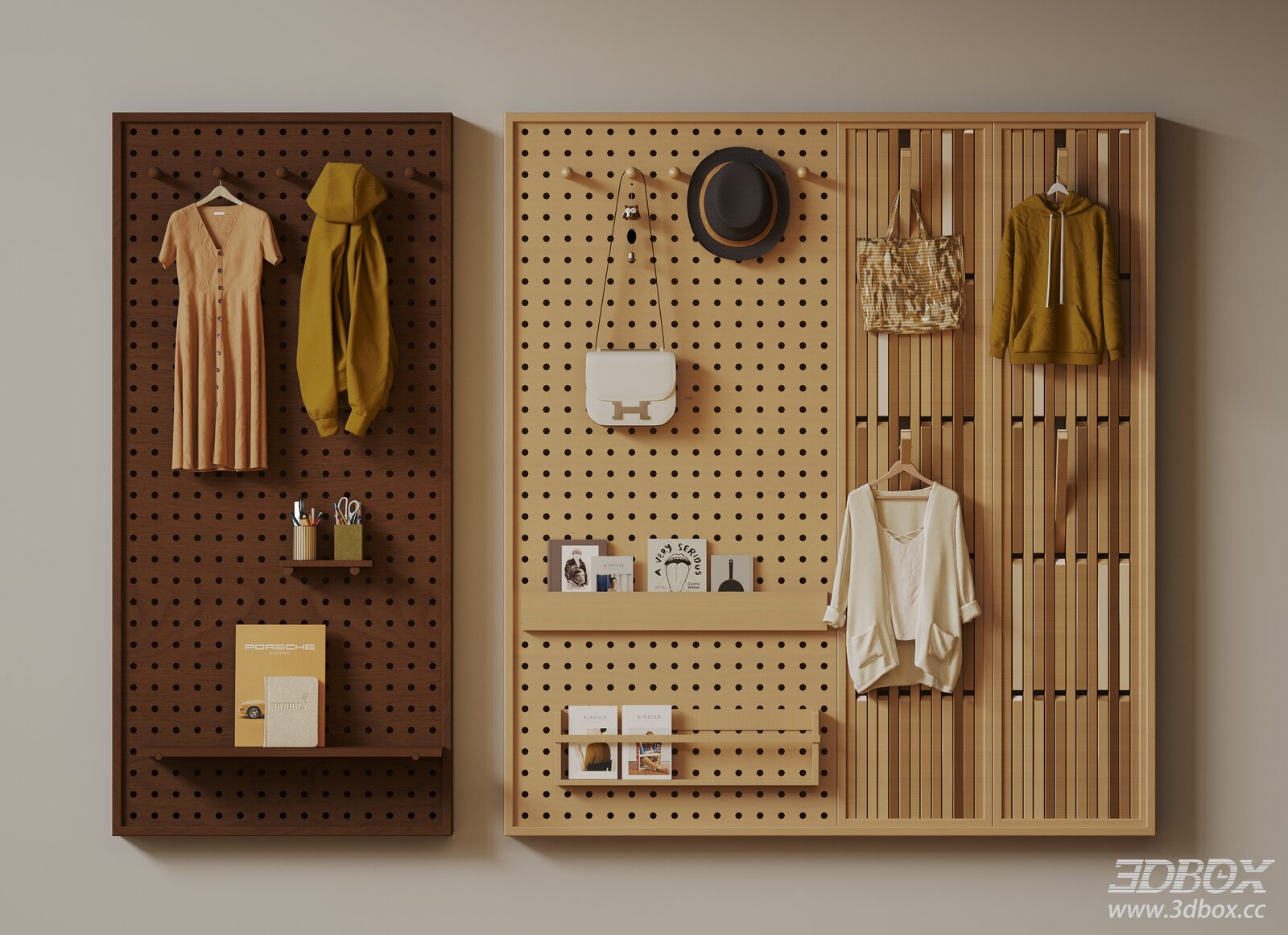 Modern Wooden Pegboard Wall Storage Display Rack Set 3D model - front view