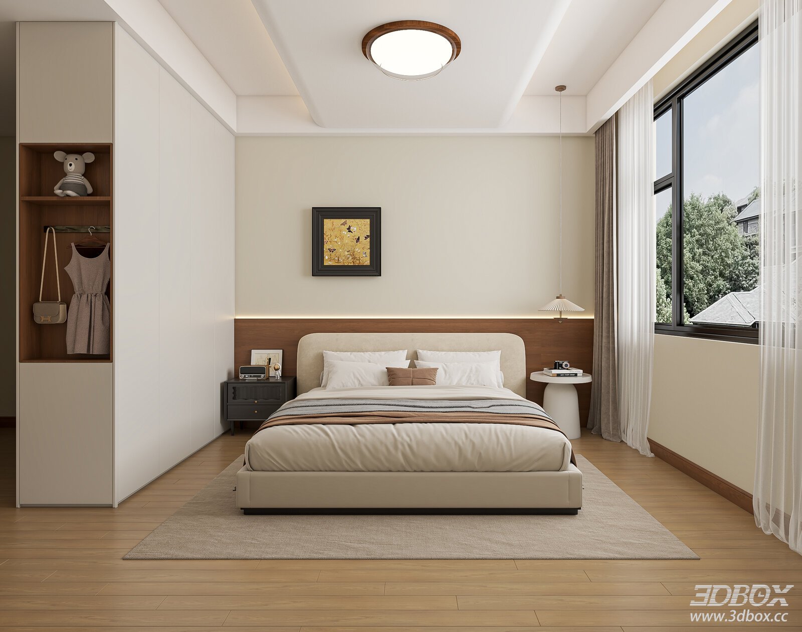Mid Century Modern Minimalist Bedroom Interior 3D model - front view