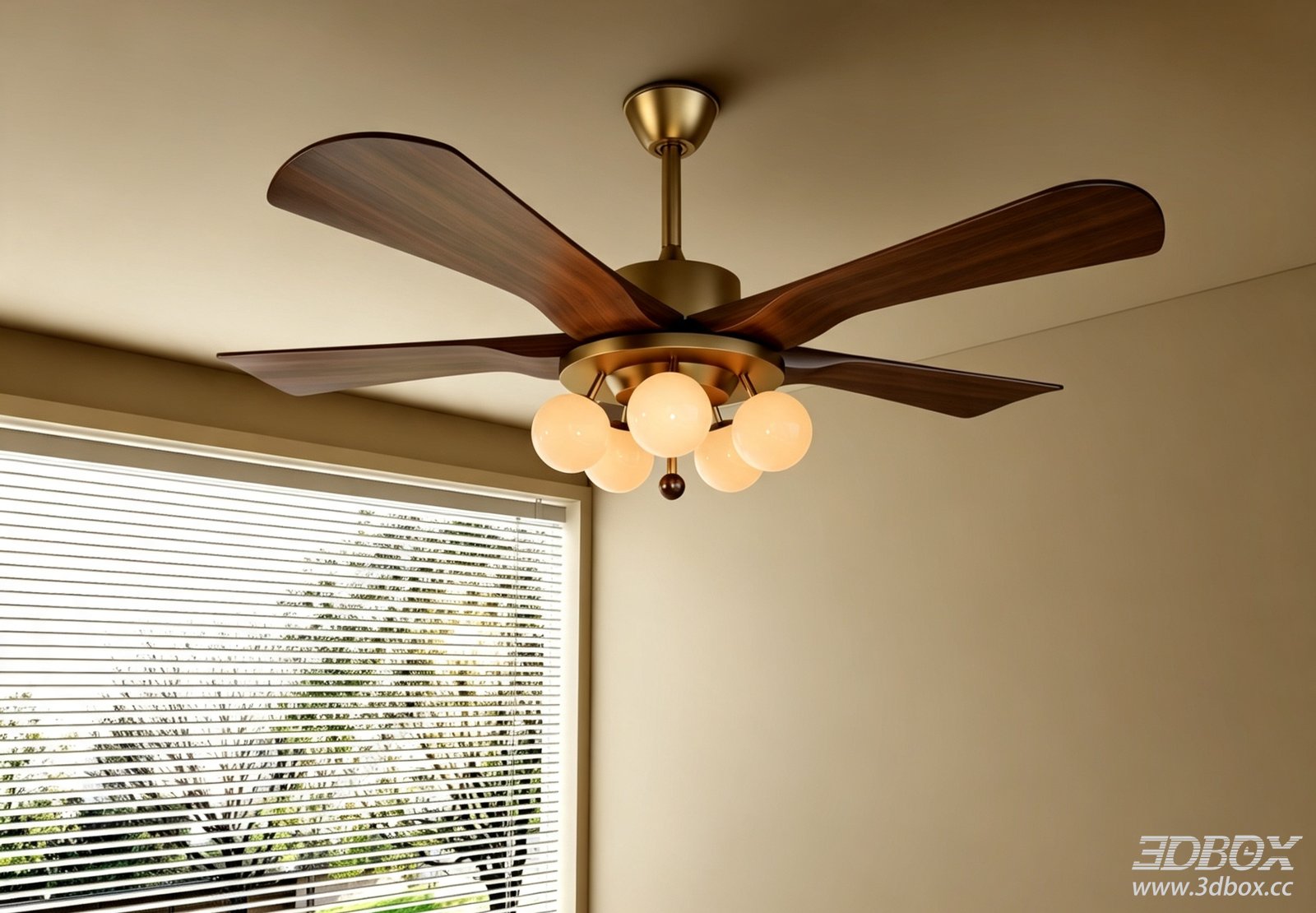Mid Century Ceiling Fan Light with Wooden Blades and Brass Base 3D model - front view
