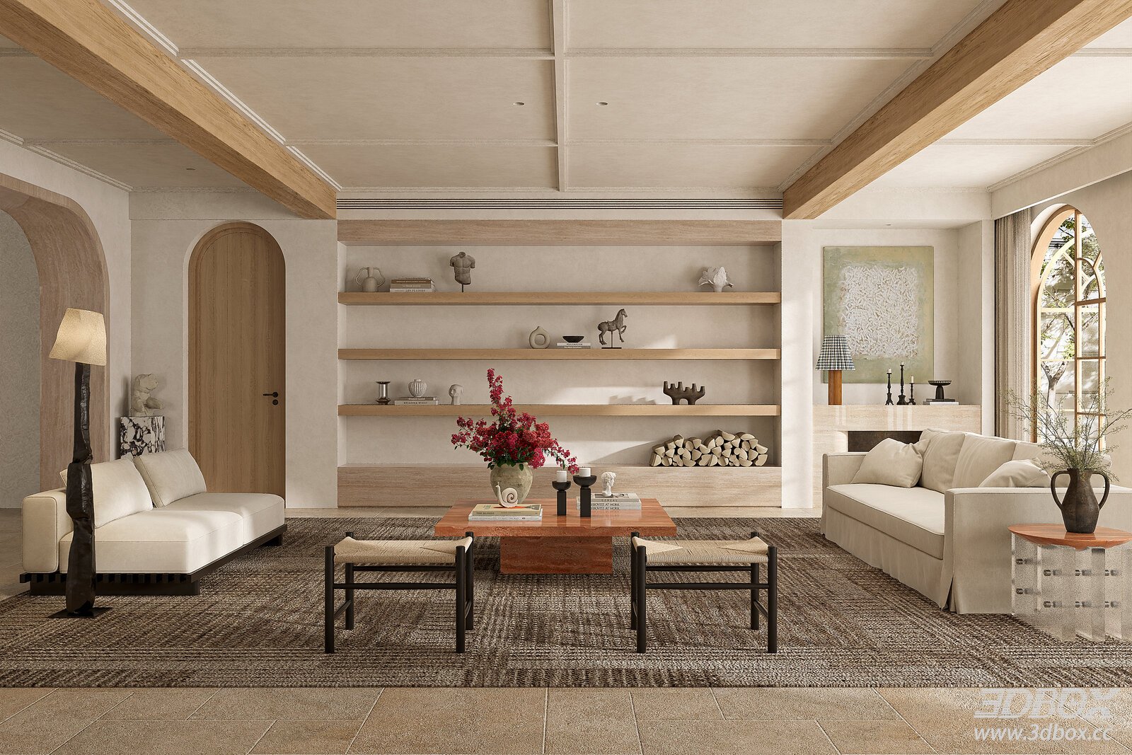 Tuscan Natural Style Living Room Interior Scene 3D model - front view