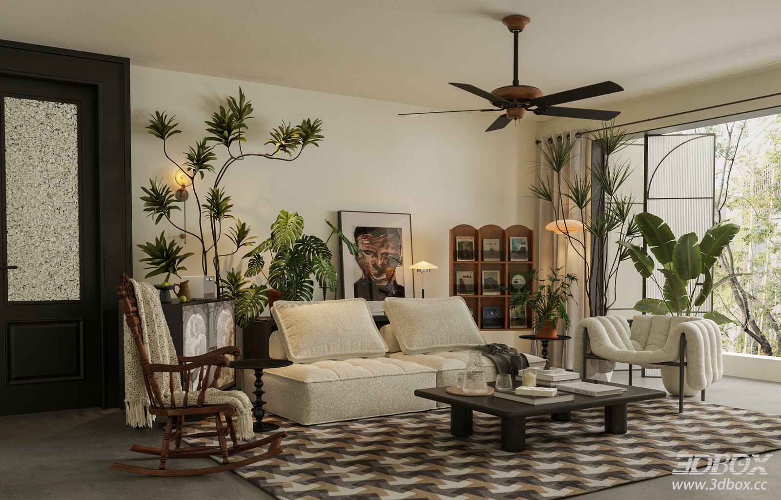 Vintage Mid Century Modern Living Room Interior Scene 3D model - front view