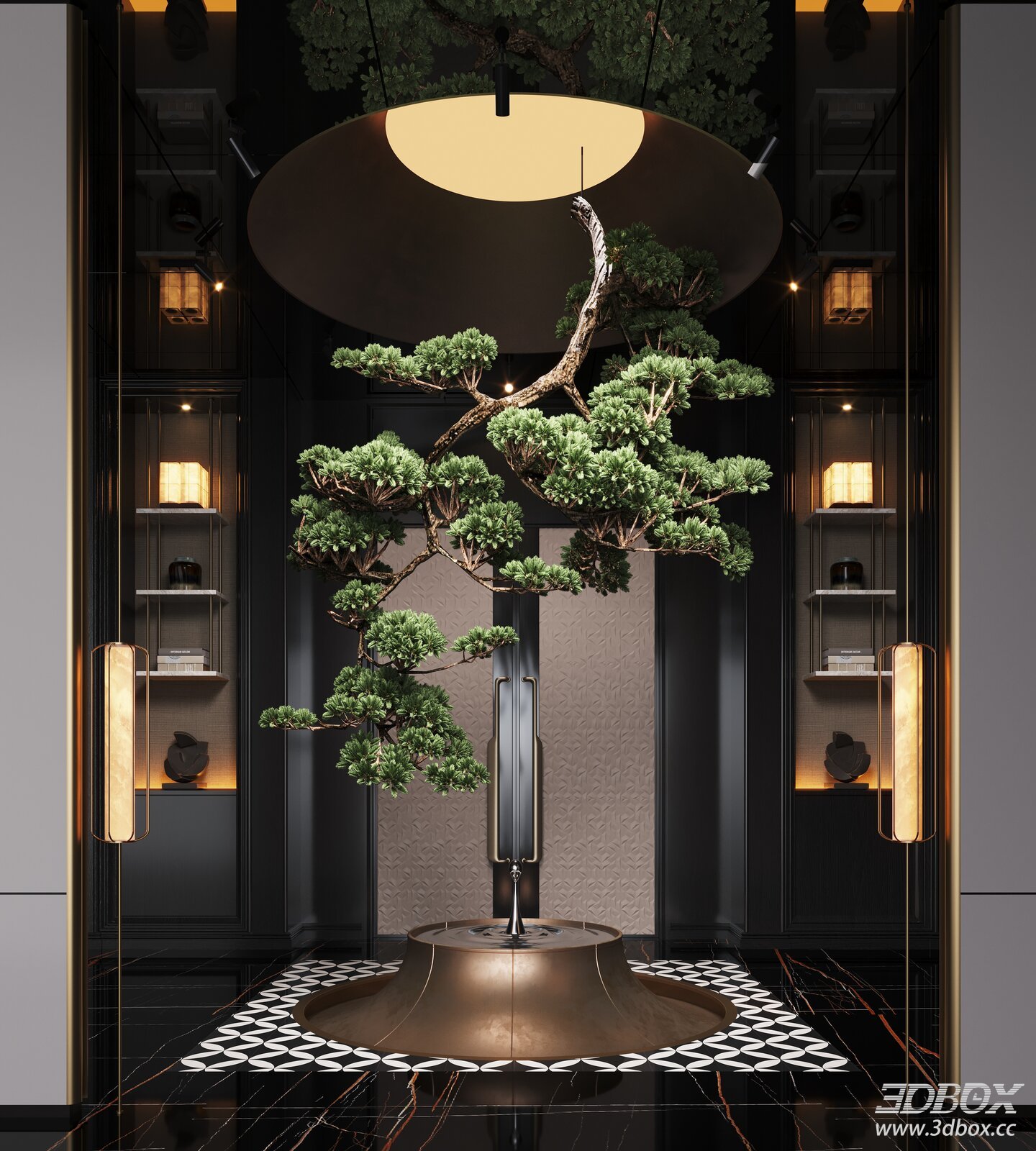 Modern New Chinese Style Luxury Hallway with Decorative Pine Tree 3D model - front view