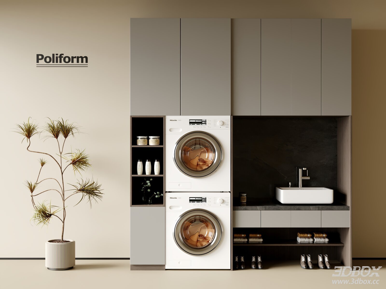 Modern Integrated Laundry Cabinet with Washers and Sink 3D model - front view