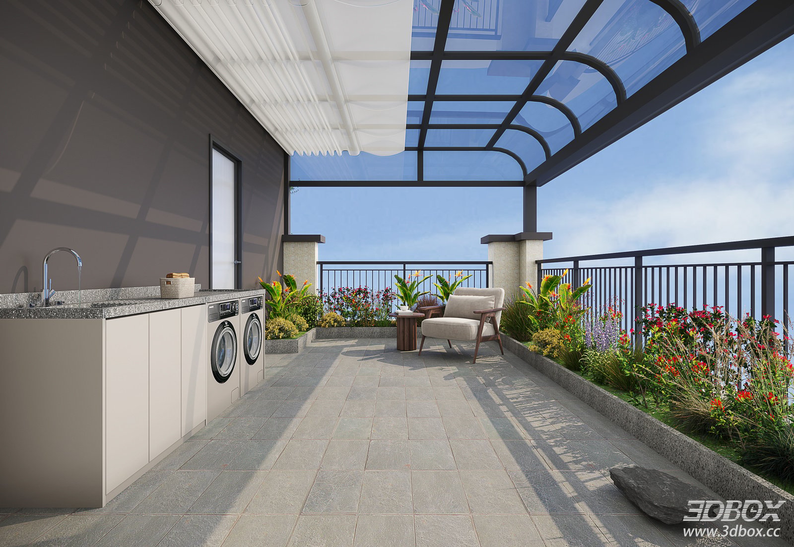 Modern Sunroom Balcony Laundry Lounge Scene 3D model - front view
