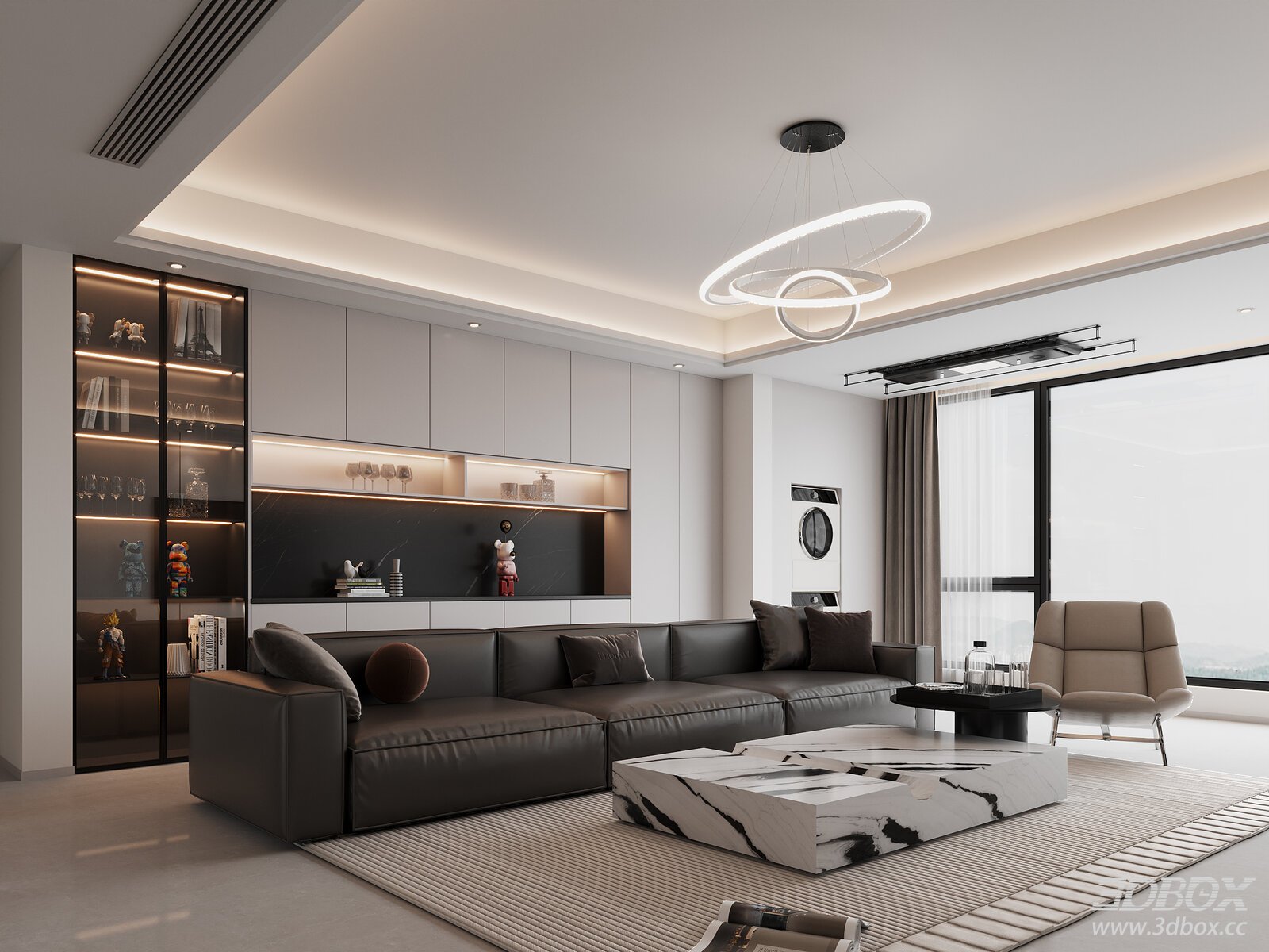 Modern Minimalist Living Room with Leather Sofa and Marble Coffee Table 3D model - front view
