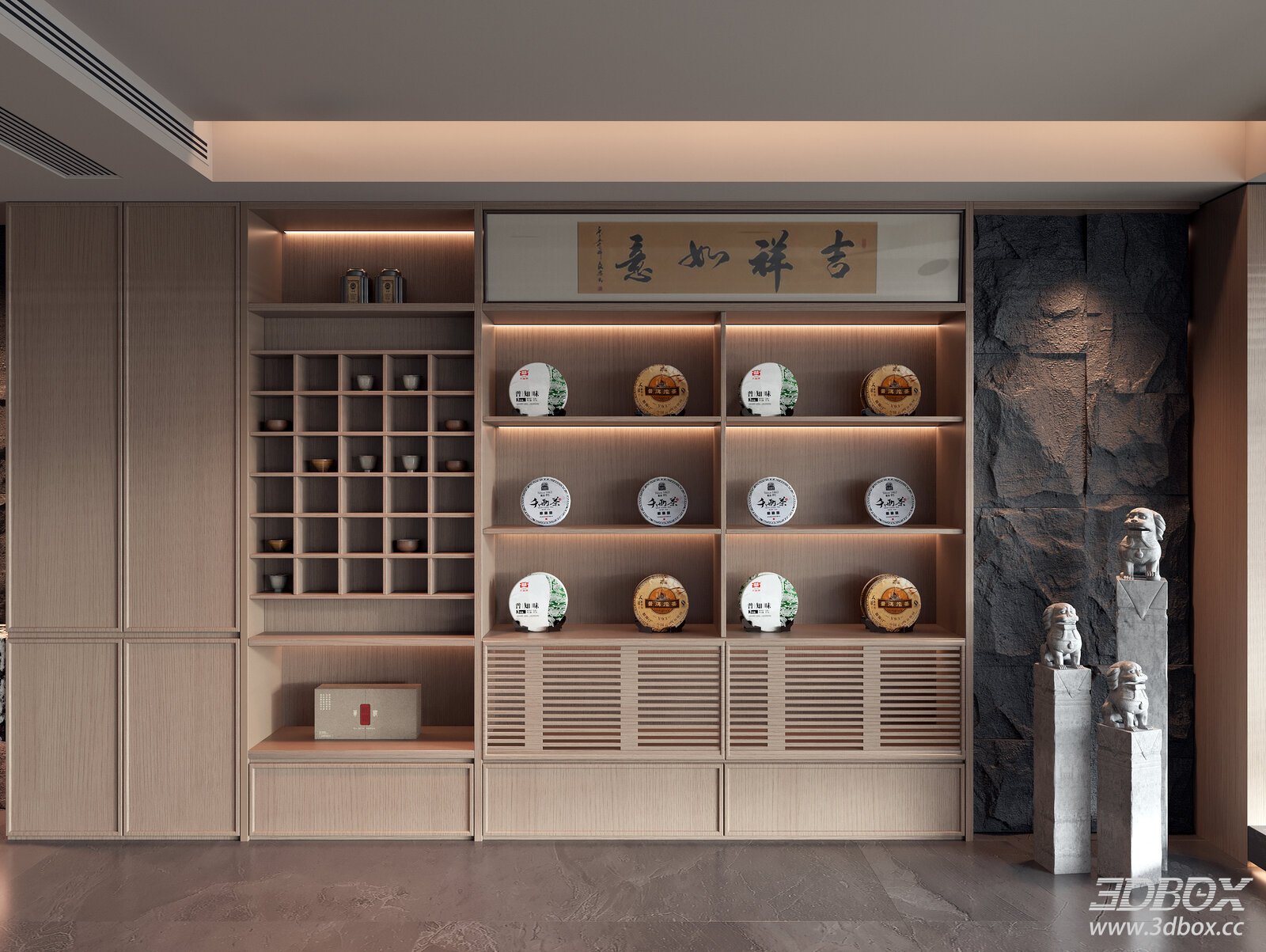 Wooden Tea Display Cabinet with Storage Shelves 3D model - front view