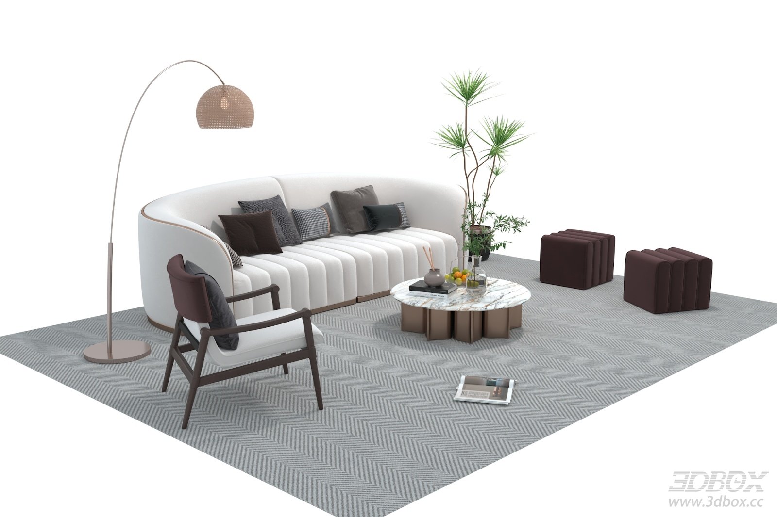 Modern Curved Fabric Sofa Set with Coffee Table and Armchair 3D model - front view