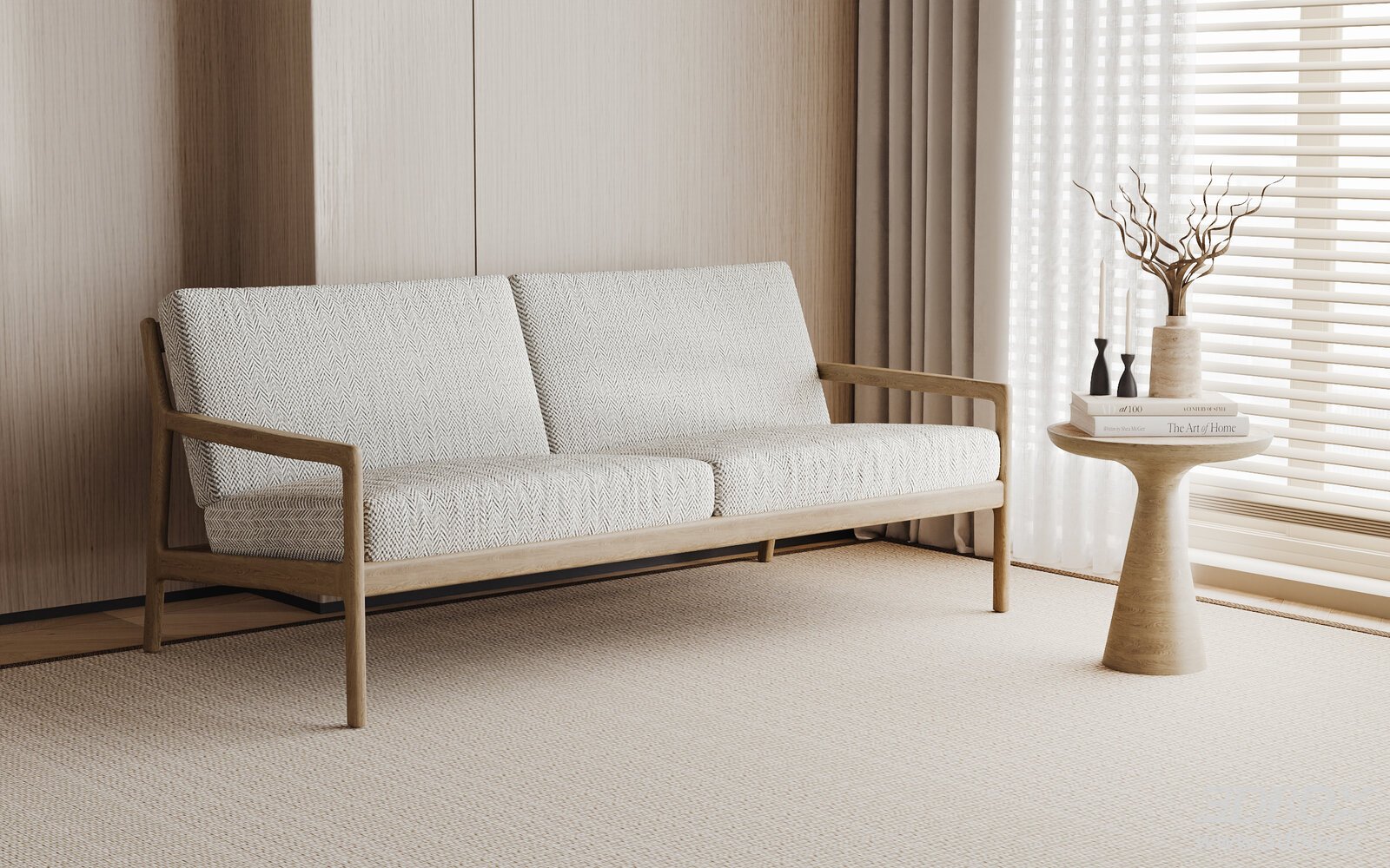 Modern Double Sofa with Wooden Frame and Side Table 3D model - front view