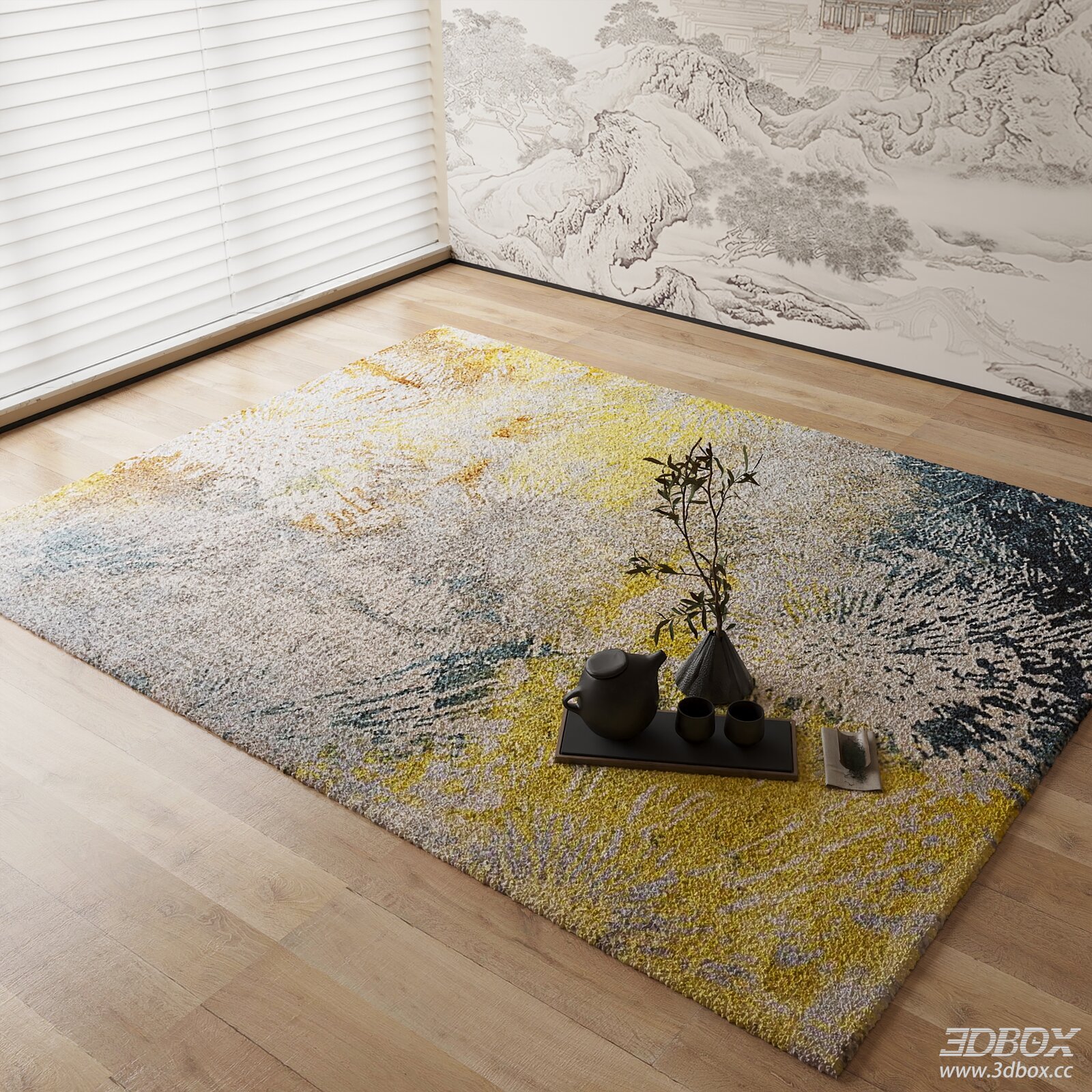 New Chinese Style Abstract Plush Area Rug 3D model - front view