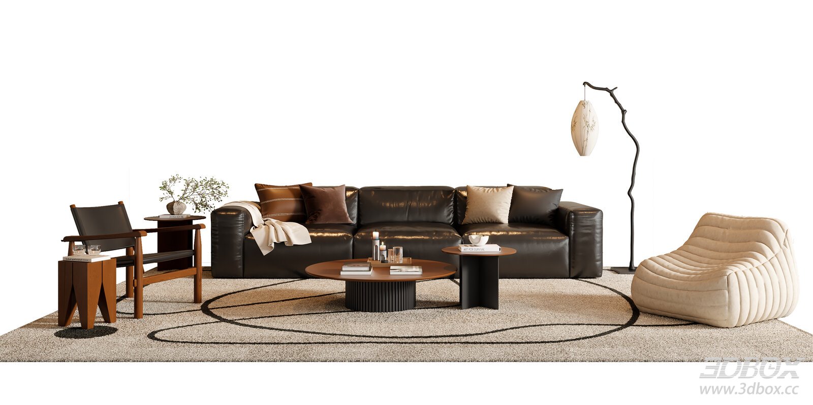 Mid Century Modern Leather Sofa Set with Side Tables and Floor Lamp 3D model - front view