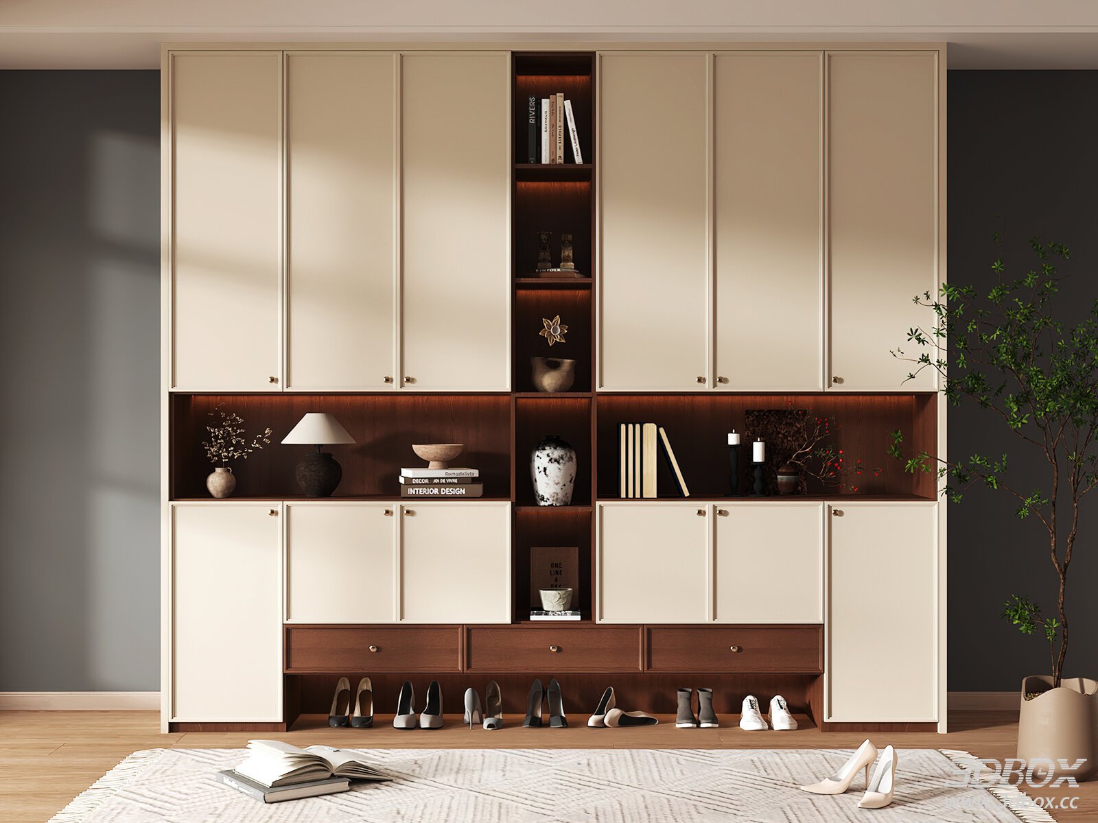 Modern Built-in Hallway Shoe Storage Cabinet with Decor Shelves 3D model - front view