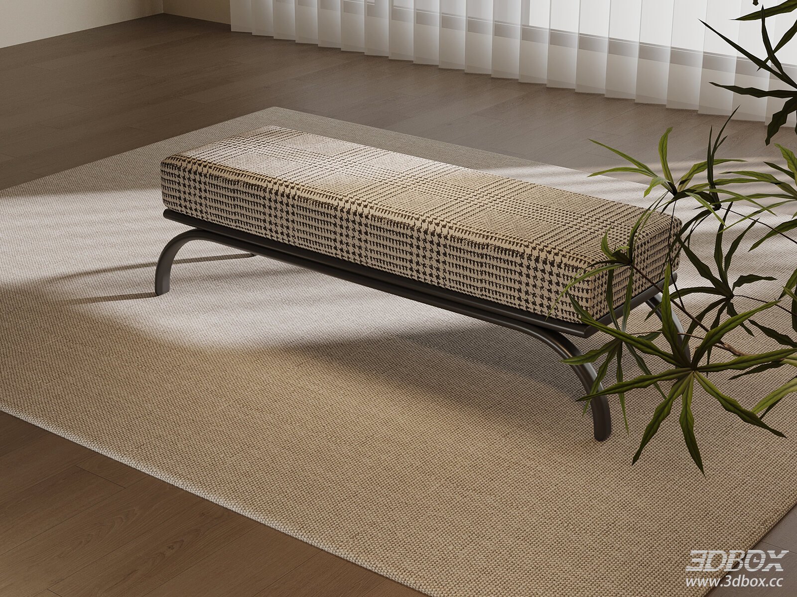Mid Century Modern Upholstered Bench with Metal Frame 3D model - front view