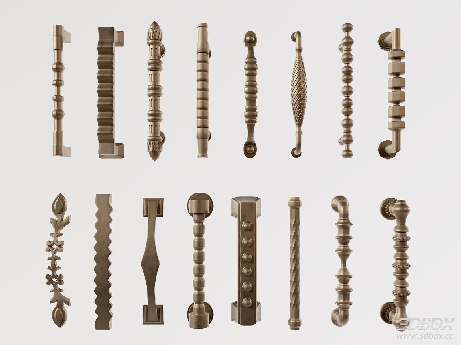 Vintage Brass Decorative Door Pull Handle Set 3D model - front view