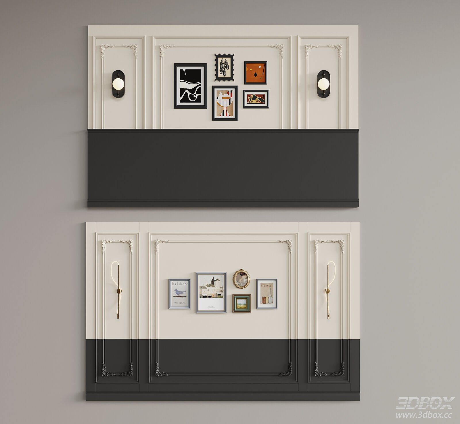 French Vintage Decorative Wall Panel with Framed Art and Wall Lamp 3D model - front view
