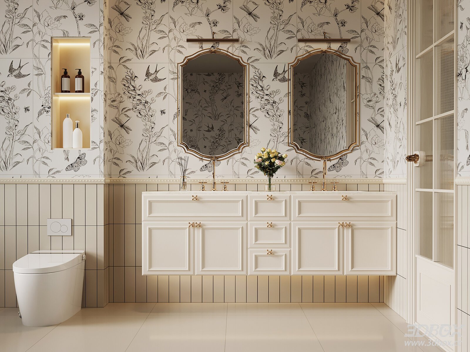 French Cream Style Bathroom Scene with Vanity and Smart Toilet 3D model - front view